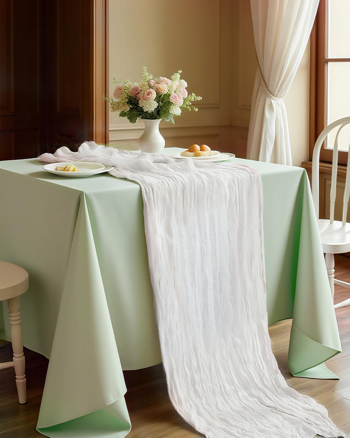 Ivory White Cheesecloth Table Runner 120 Inch, Boho Rustic Gauze 10 FT, Summer Cheese Cloth Runner for Wedding, Baby Bridal Shower, Party, Farmhouse Centerpiece Home Decorations