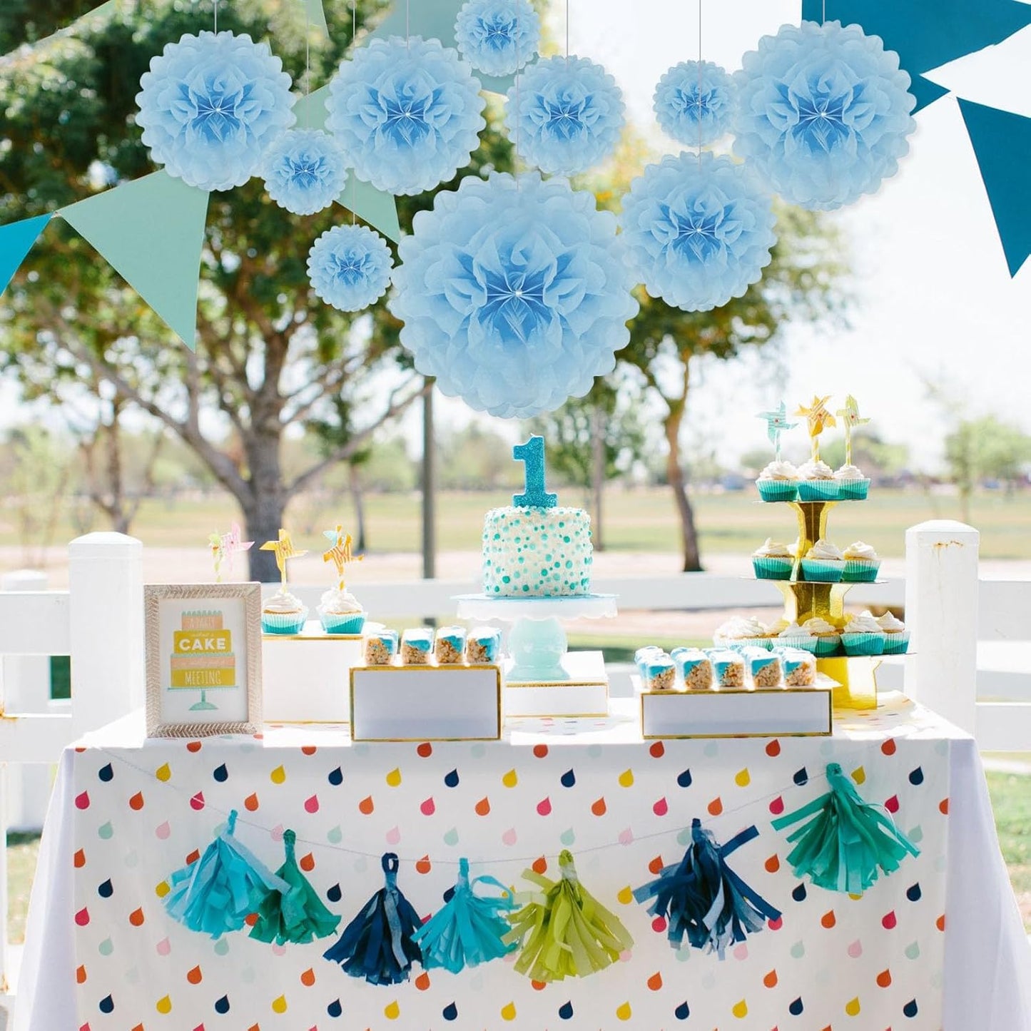 Tissue Paper Pom Poms, Baby Blue Tissue Paper Flowers, Hanging Flower Balls for Weddings Fiesta Parties Birthday Baby Showers Classroom Bridal Shower Decoration (20Piece Set-6/10/12/14Inch)