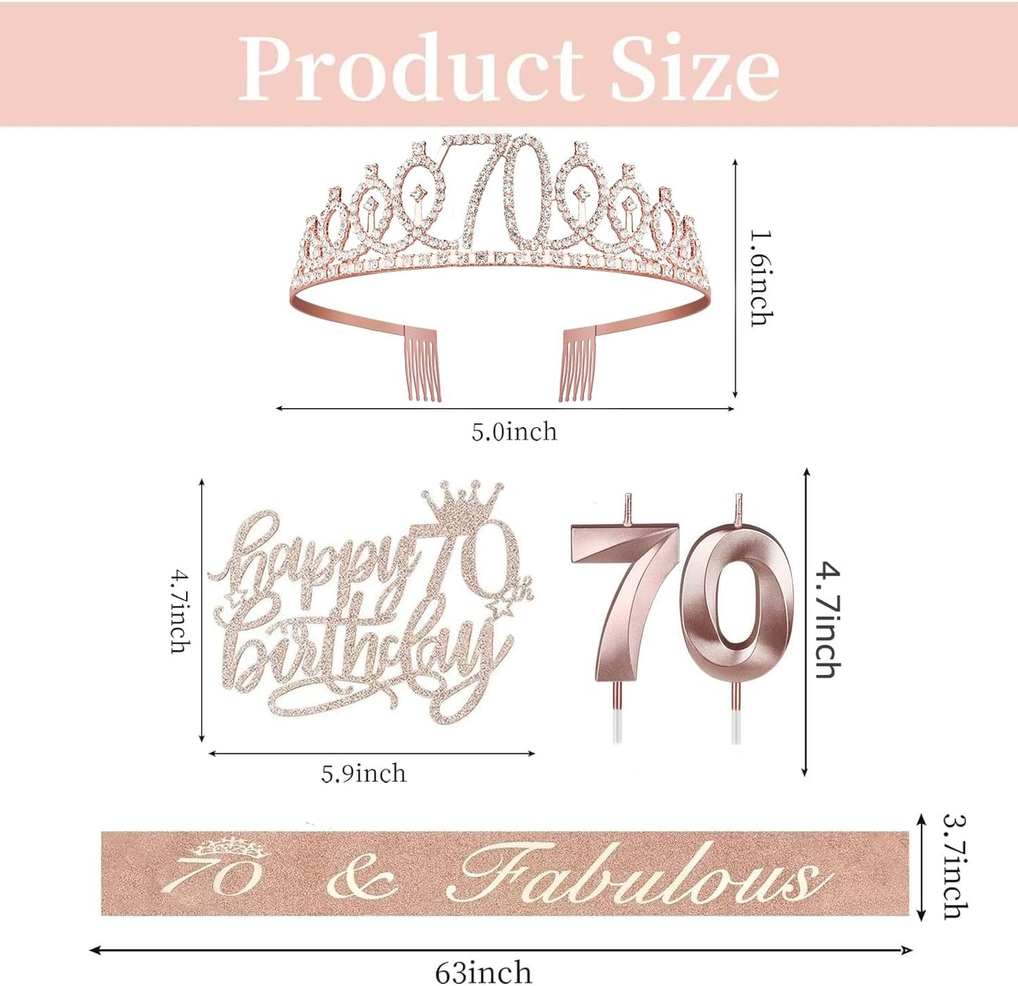 70th Birthday Decorations for Women, Including Sash, Crown/Tiara, Candles, Cake Topper, 70th Birthday Gifts for Women