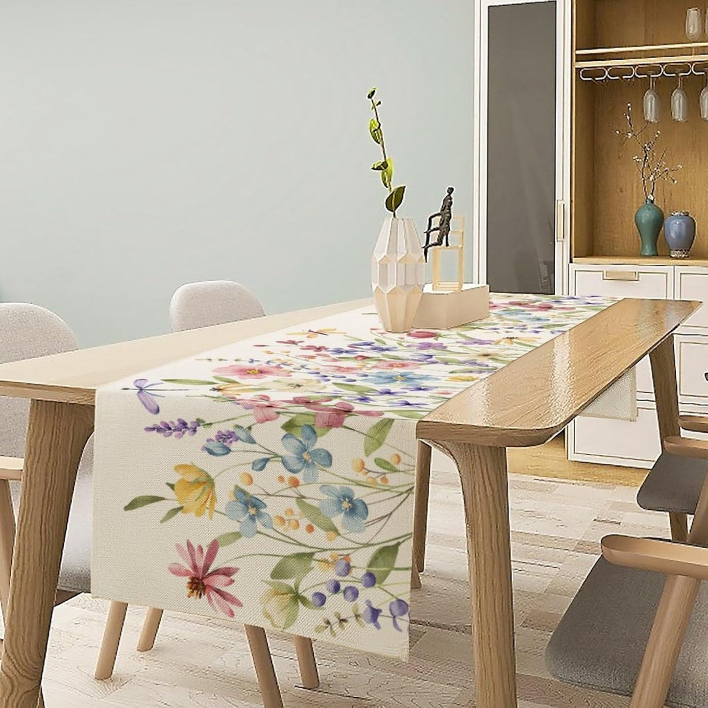 Watercolor Floral Table Runner, Colorful Spring Summer Nature Flower Dragonfly Pattern Print Table Runner for Kitchen Dinning Table Runner Decor Home Wedding Party Holiday, 13x70 Inch