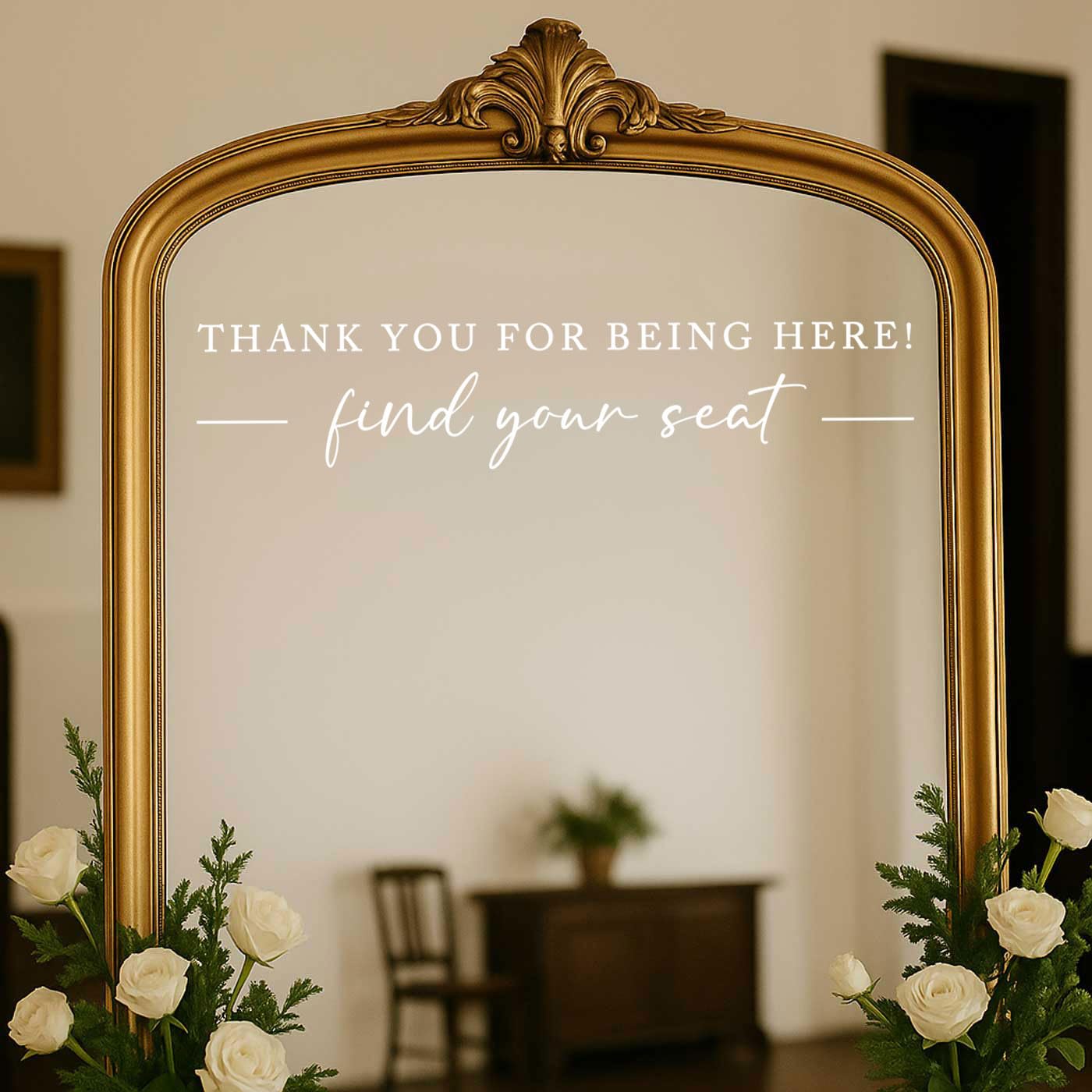 Seating Chart Sign, Wedding Mirror Decal, Thank You for Being Here Find Your Seat, Wedding Seating Chart Header Vinyl Decal, Your Seat Awaits Wedding Sign Decal, Mirror Sticker for Seating (White, Wide 20")