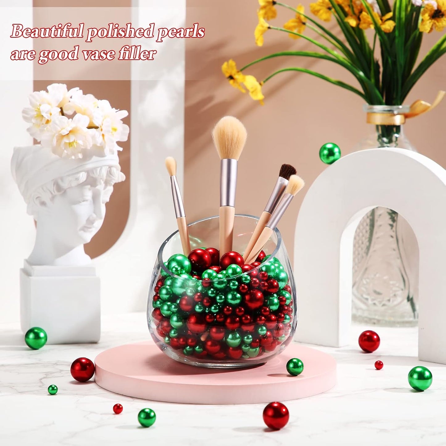 150 Pieces Vase Filler Faux Pearls Vase Makeup Beads No Hole Gloss Bead Mixed Sizes Round Pearl for Home Party Wedding Decor, 8/14/20 mm(Red, Green)