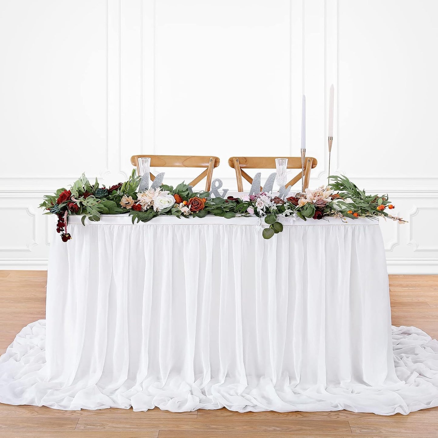 White Table Skirt for Rectangle Tables 14FT Chiffon Sheer Tablecloth for Birthday Party Sweetheart Cake Table Decoration