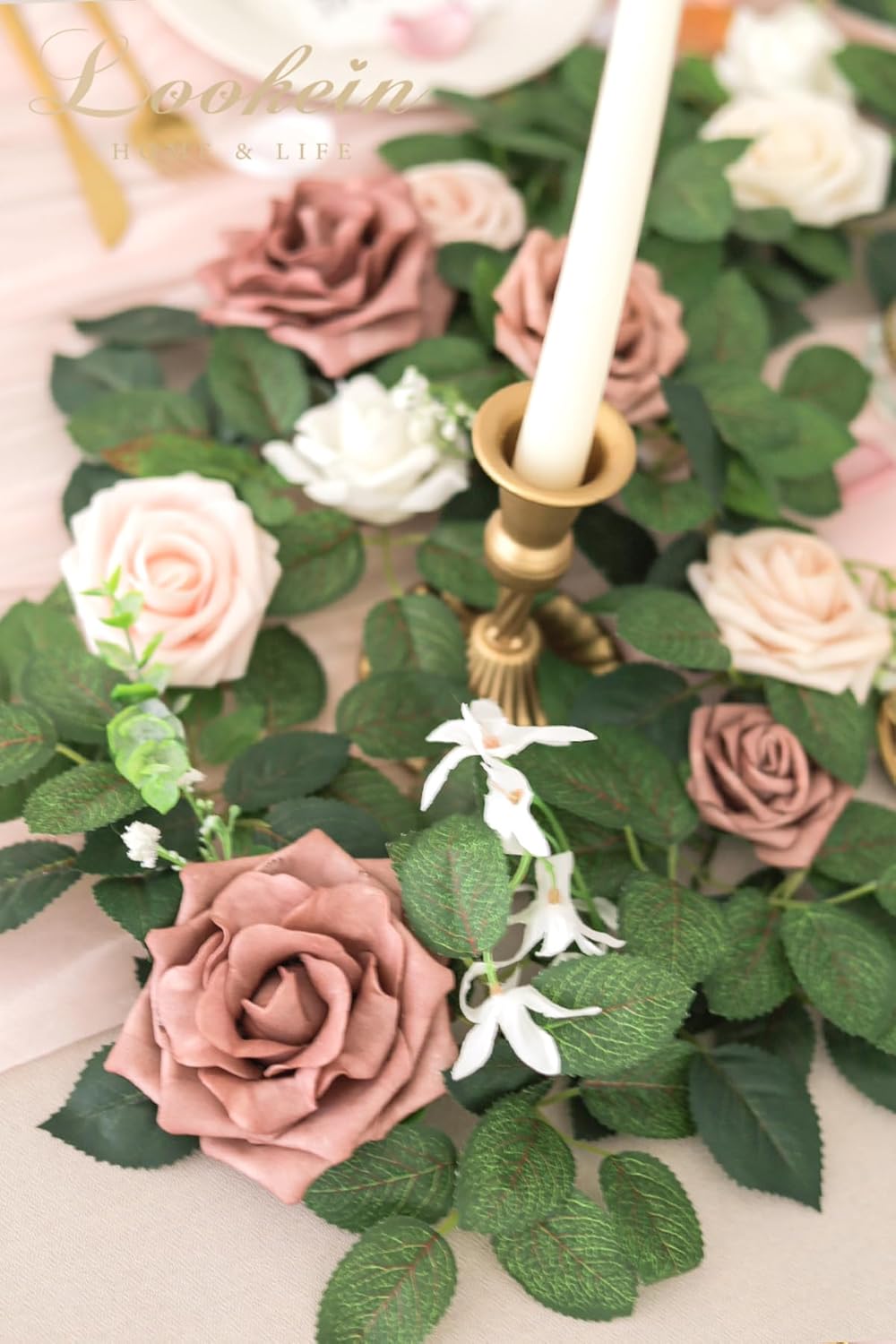 Lookein Artificial Rose Flower Garland Greenery Garland 5FT for Wedding Ceremony Backdrop Arch Flowers Table Centerpieces Decorations, Garden Dusty Rose