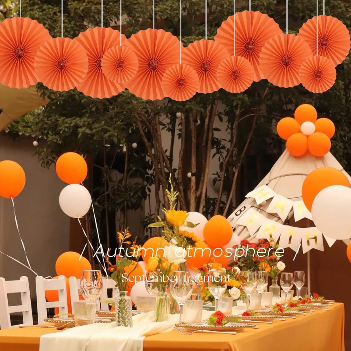 Orange Hallowmas Party Hanging Fans DIY Set - 12pcs Paper Fans with Pinwheels - DIY Paper Craft for Wedding, Birthday, Christmas Party Decoration