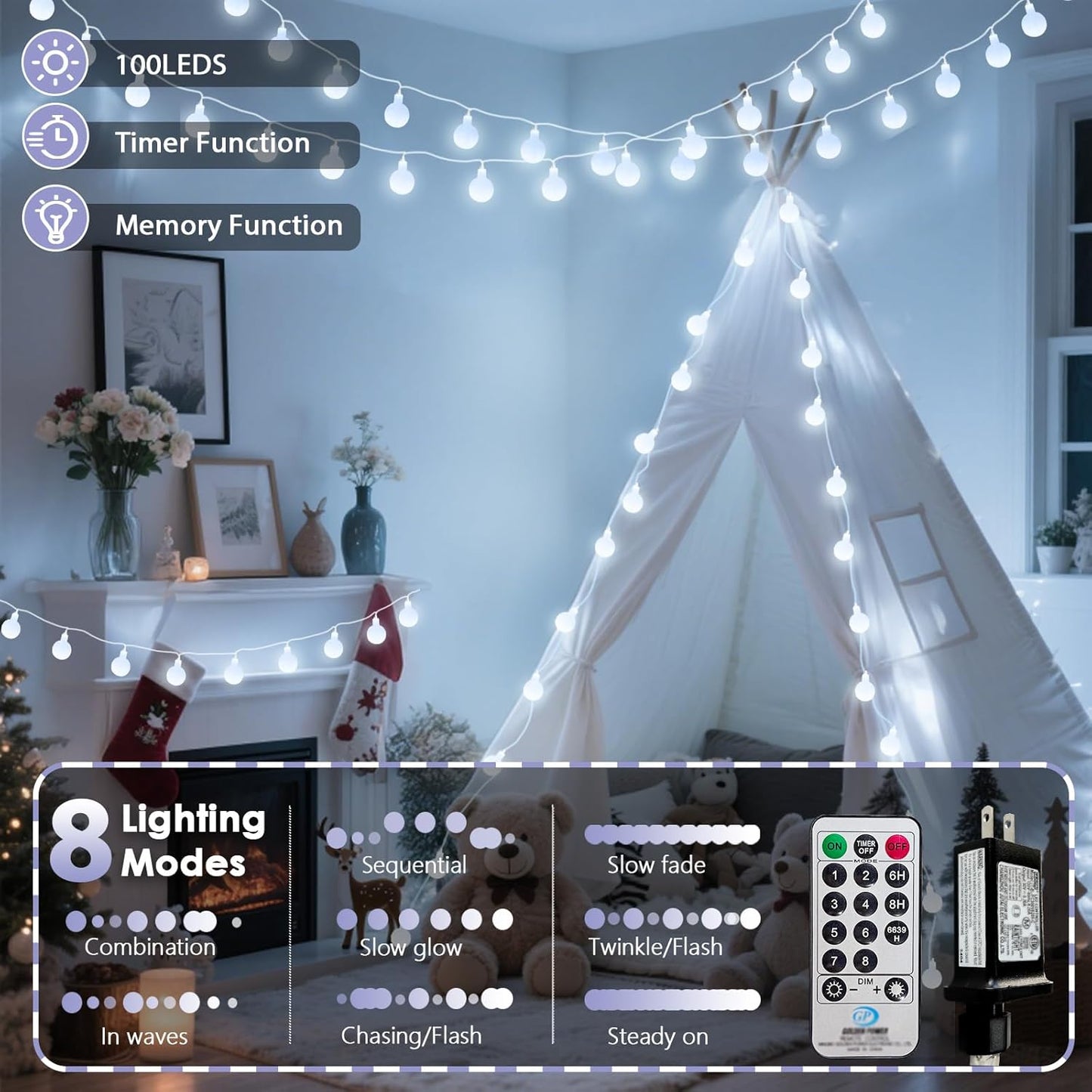 100LED Connectable String Lights Indoor Outdoor for Bedroom, 43ft White Christmas Lights with Remote & Timer, Plug in 8 Modes Waterproof Globe Fairy Light for Christmas Decor Room Classroom Wedding