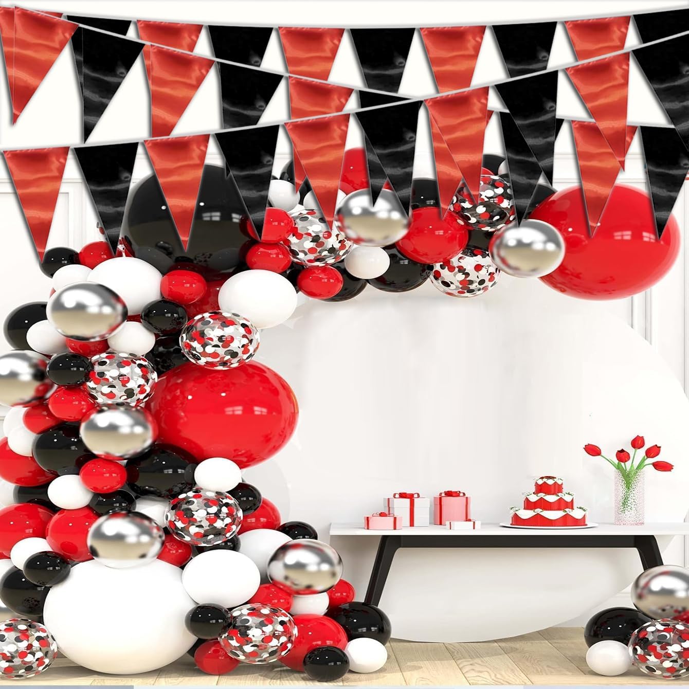 130FT Red Black Triangle Pennant Banner Flag Metallic Fabric Bunting Garland for Christmas Graduation Bachelorette Anniversary Birthday Engagement Wedding Anniversary Casino Party Decorations Supplies