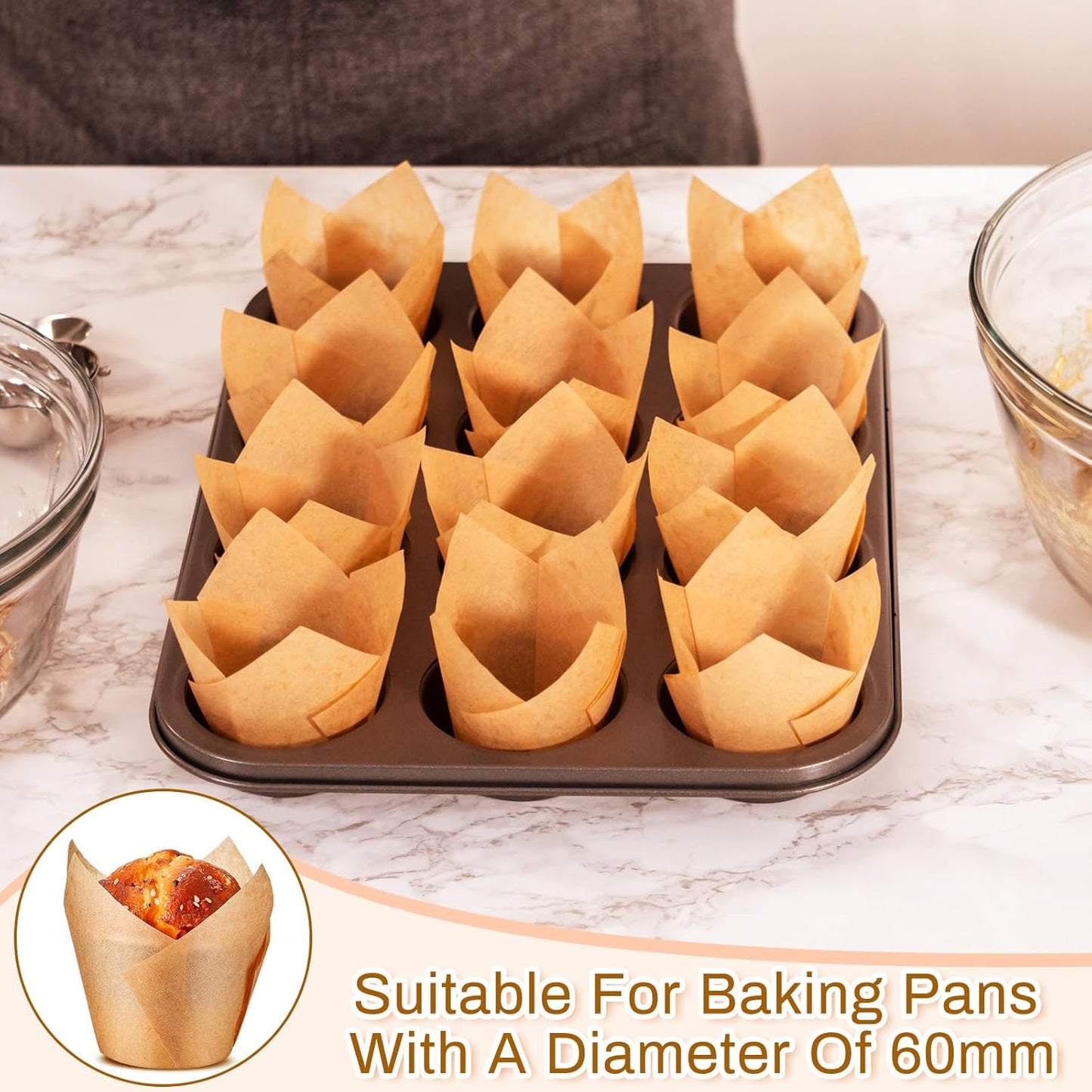 300 Pcs Jumbo Muffin Liners for Baking 2-1/4" x 4" Large Tulip Cupcake Liners Greaseproof Cupcake Wrapper Paper for Weddings Birthday Christmas Anniversaries Party (Light Brown)