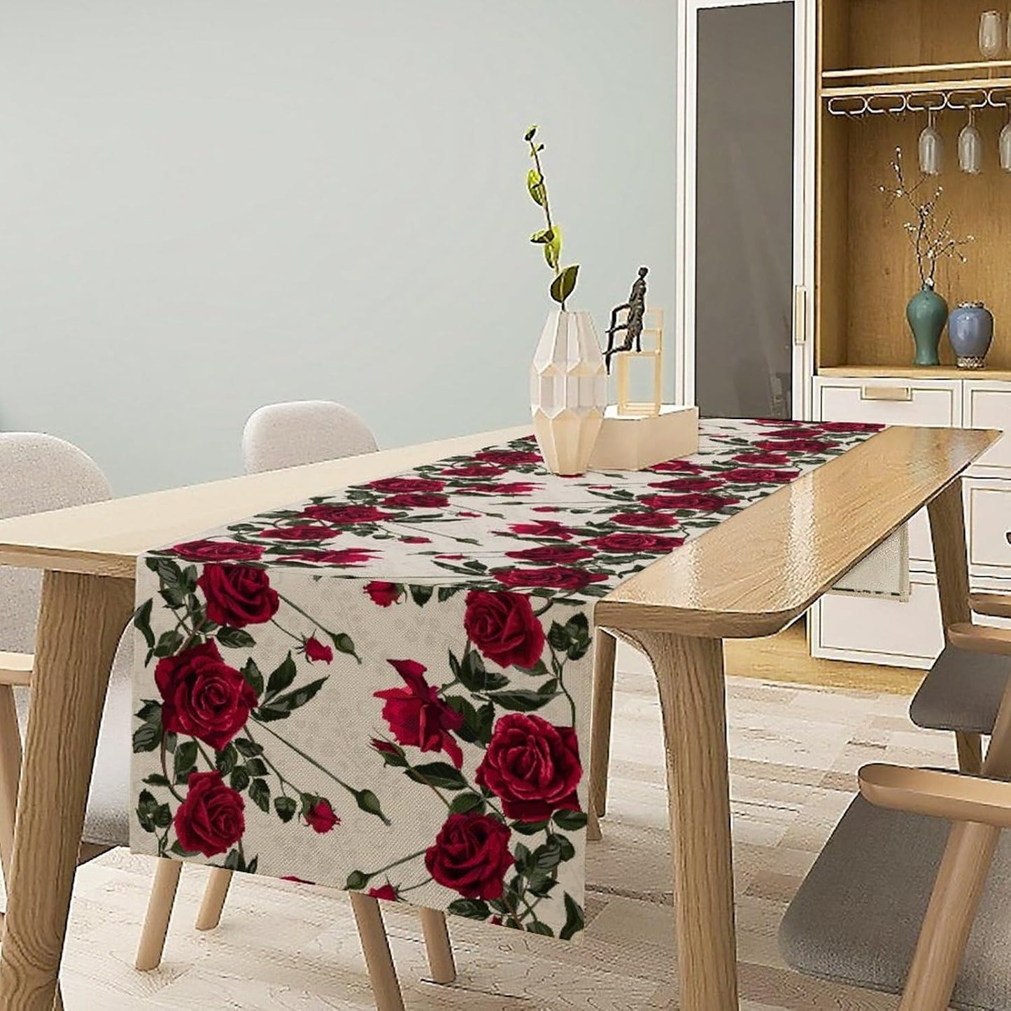 Rose Table Runner, Retro Red Rose Flowers Green Leaves Valentine's Day Kitchen Dinning Table Runner for Indoor Outdoor Home Wedding Party Holiday, 13x70 Inch