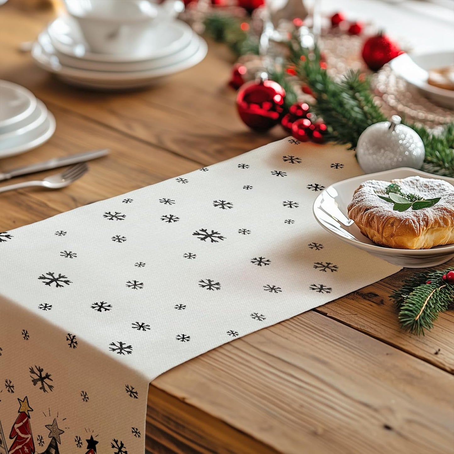 GEEORY Christmas Table Runner 13x120 Inch, Xmas Tees Snowflakes Holiday Decorative Farmhouse Table Decoration for Kitchen Dinning, Indoor Outdoor Dinner Party Decor ((Red & Black) GT165-120