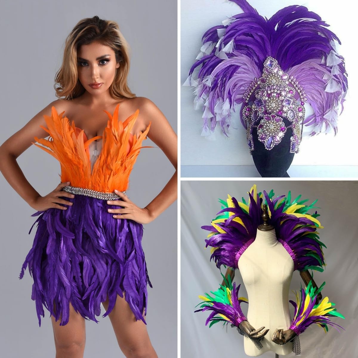 Holmgren Purple Rooster Feather Trim - 10-12inch 2 Yards Large Rooster Tail Feathers Fringe Trim for DIY Sewing Crafts, Feather Cape Shawl, Mardi Gras Party Costume Decoration (Purple)