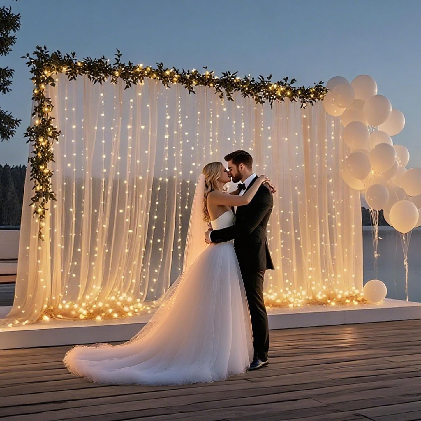 10×10ft Tulle Backdrop Curtains with Lights String - 300LED Fairy Lights Sheer Curtain Backdrop for Weddings Baby Shower and Birthday Party Decorations(8 Panels 5×10ft)