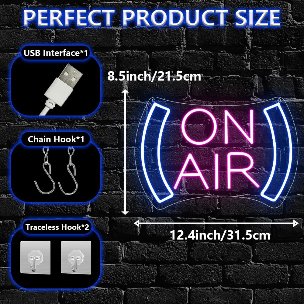 On Air Neon Sign for Wall Decor,Recording in Progress Sign for Studio Bedroom Game Room Podcast Bar Pub Club Broadcasting Room,On Air Light Sign Gift for Streamers Gamers Teens USB Powered(8.5"*12.4")