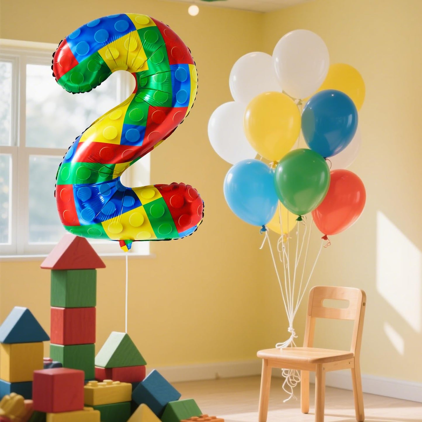 32 Inch Stackable Block Number Balloon – Colorful Brick Building Themed Big Helium Digits for Kids Birthday Party Decorations (Building Block, Number 2)