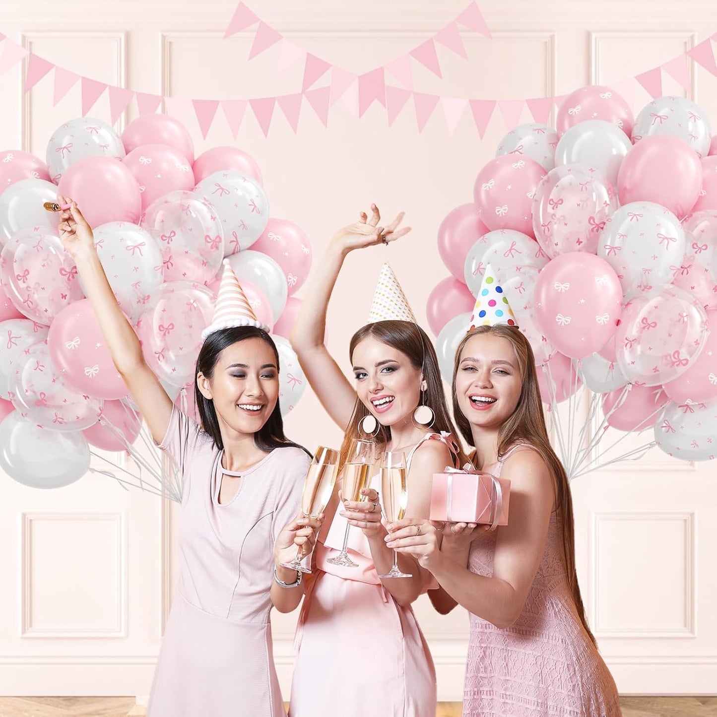 60pcs Pink Bow Balloons 12inch with Pink White Clear Bow Balloons for Pink Coquette Wedding Baby Shower Birthday Party Decorations