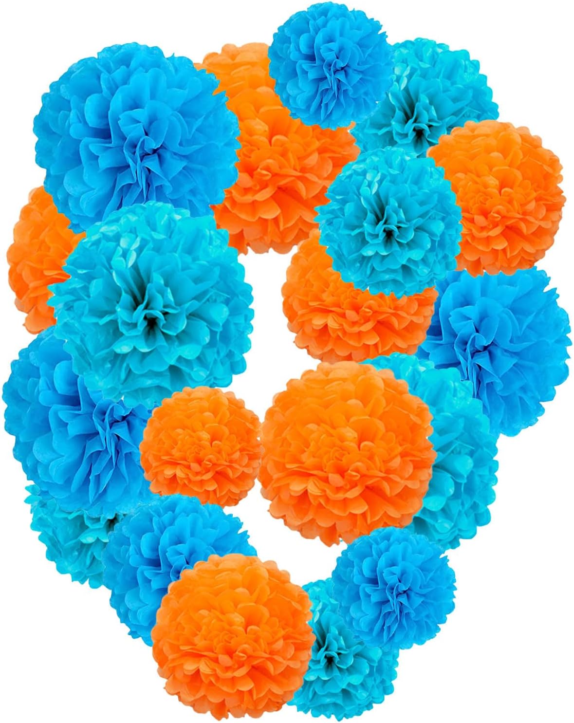 Blue and Orange Paper Pom Poms,10",12" Tissue Pom Poms for Party Hanging Decorations - 12 PCS