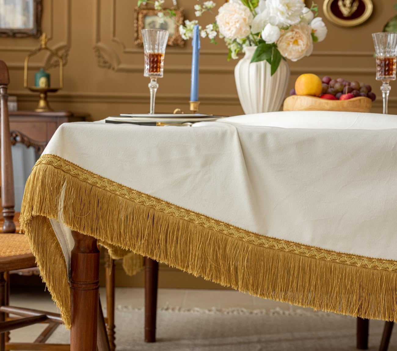 F-CHU Luxury White Tablecloth Thickset Velvet Tablecloth with Beautiful Gold Tassels Vintage Table Cloth for Home Decor Wedding, Party, Banquet and Events 60x102-Inch