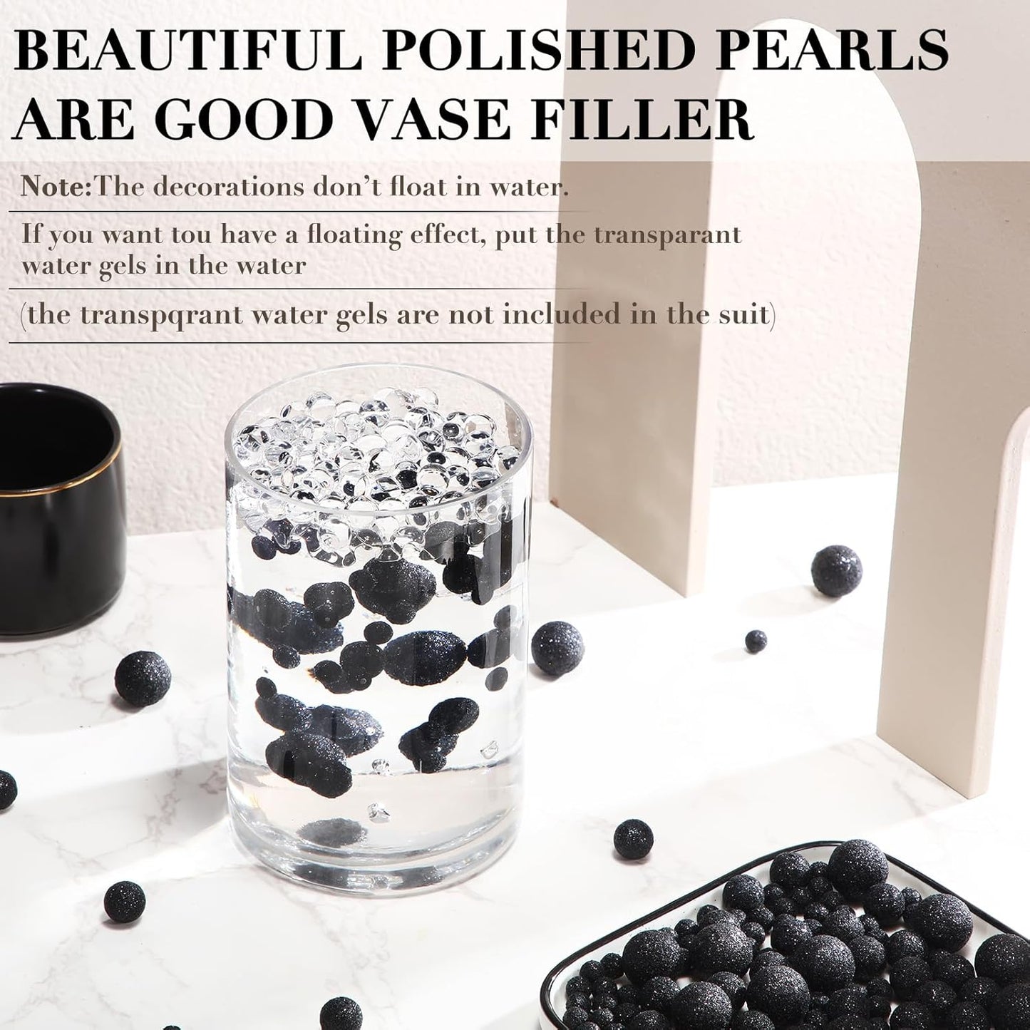 150 Pieces Vase Filler Faux Pearls Vase Makeup Beads No Hole Gloss Bead Mixed Sizes Round Pearl for Home Party Wedding Decor, 8/14/20 mm(Glitter Black)