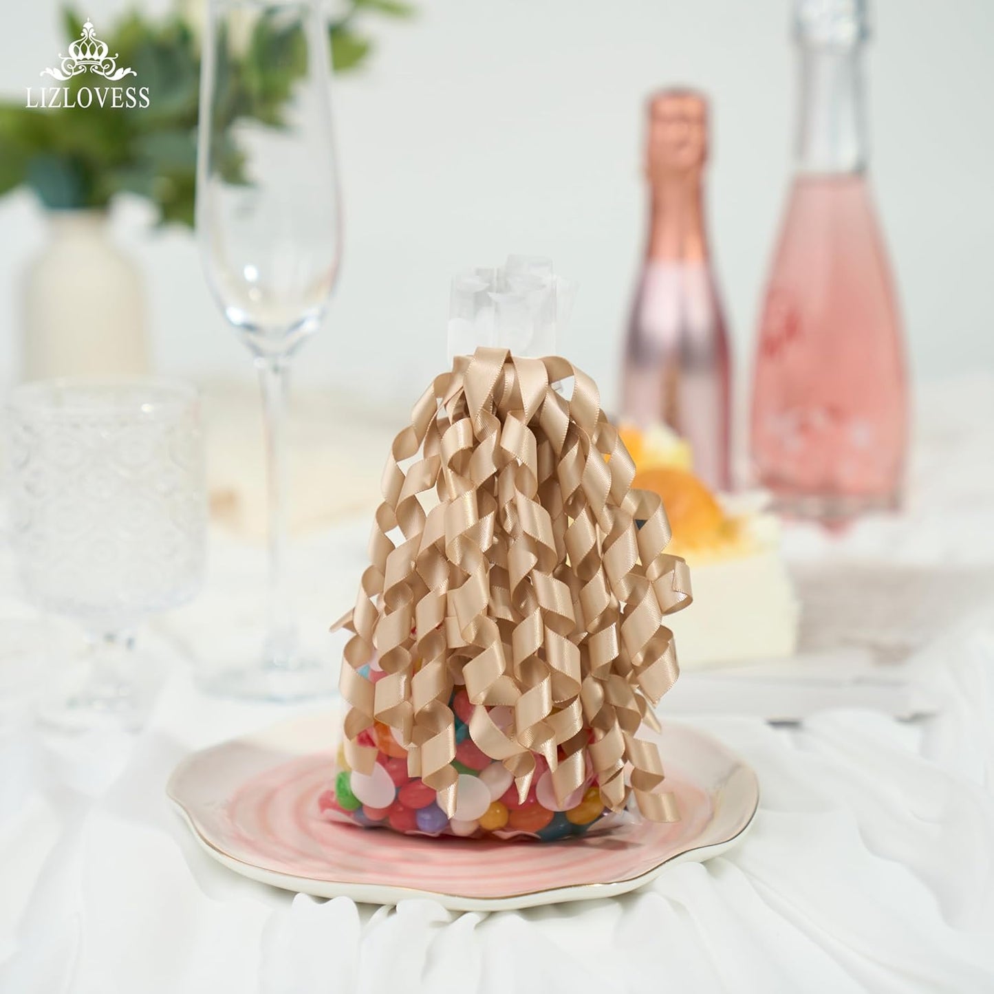 6 Inch Champagne Curly Bows for Gift Wrapping Set of 6, Self Adhesive Bows Champagne Gold Gift Bows for Presents, Satin Ribbon Bows for Birthday, Wedding, Christmas, Bridal Shower