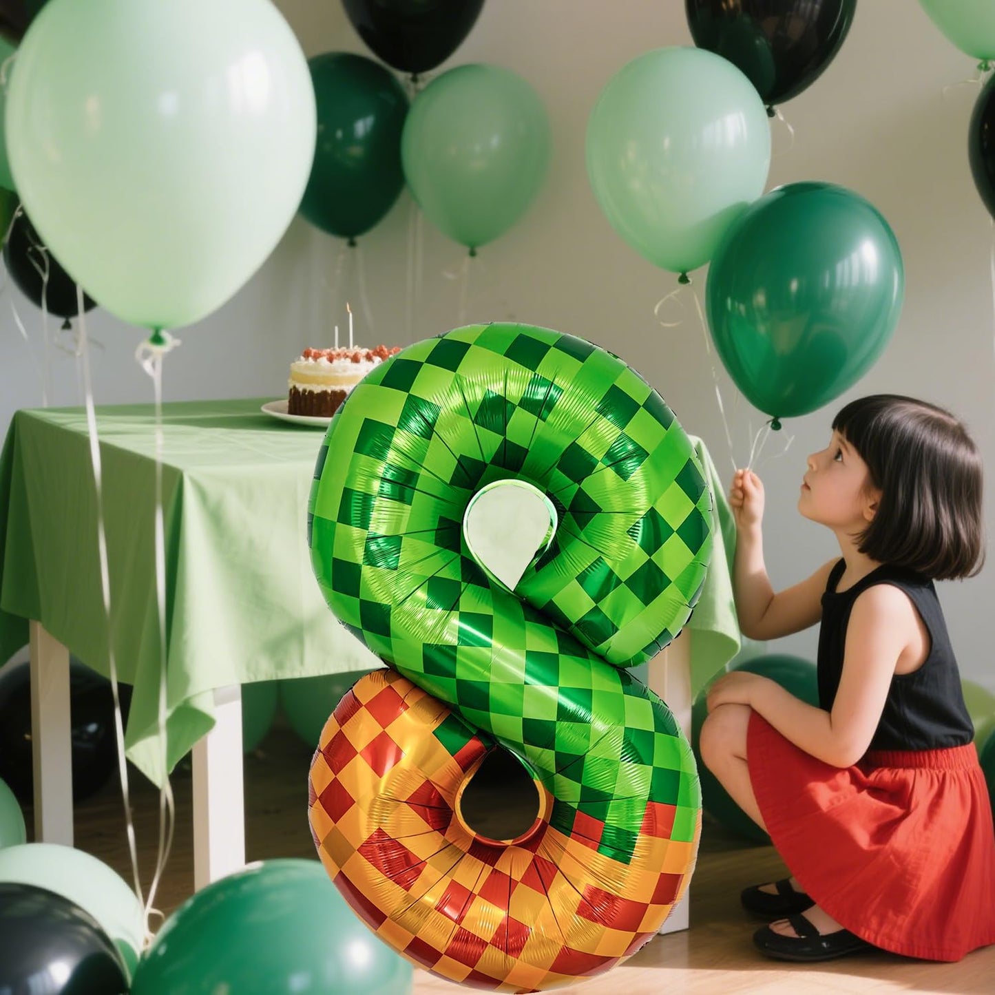 Pixel & TNT Theme 40in Giant Number Balloons - Foil Mylar Birthday Party Decorations for Kids Adults Cumpleaños, Block Style Pixel Art Shape Balloon Decor Supplies (Pixel, Number 8)