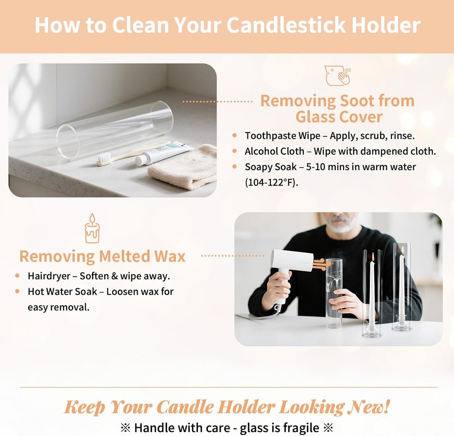 NUPTIO Candle Stick Candle Holder: Set of 6 Glass Hurricane Taper Candleholder - Bulk Candlestick Stand with Tall Cylinder Chimney for Thanksgiving Christmas Holiday Table Decoration