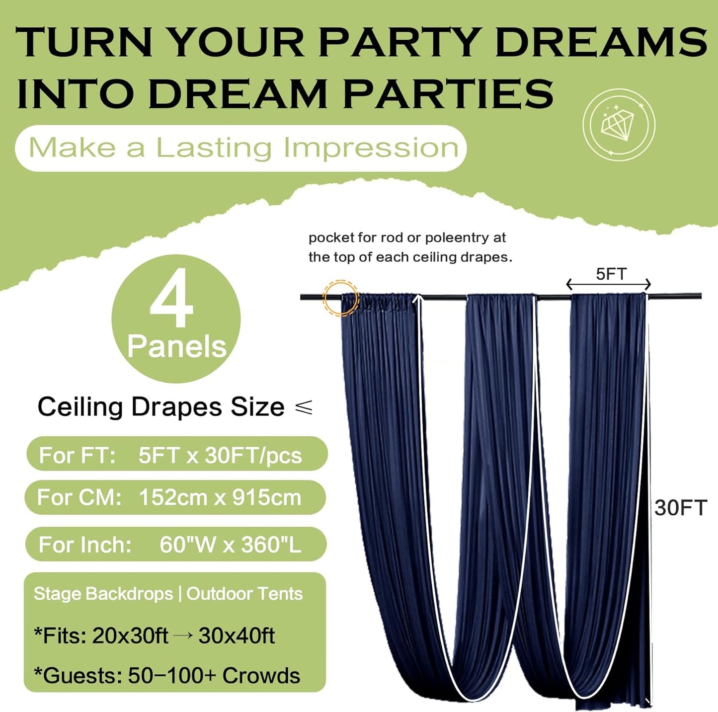 PartyVillage 4 Panels 5ftx30ft Navy Blue Ceiling Drapes for Wedding Parties – 30 FT Extra Long Thick Polyester Wrinkle-Free Drapery Tent Decor Decorations for Birthday Party Ceremony Stage Swag