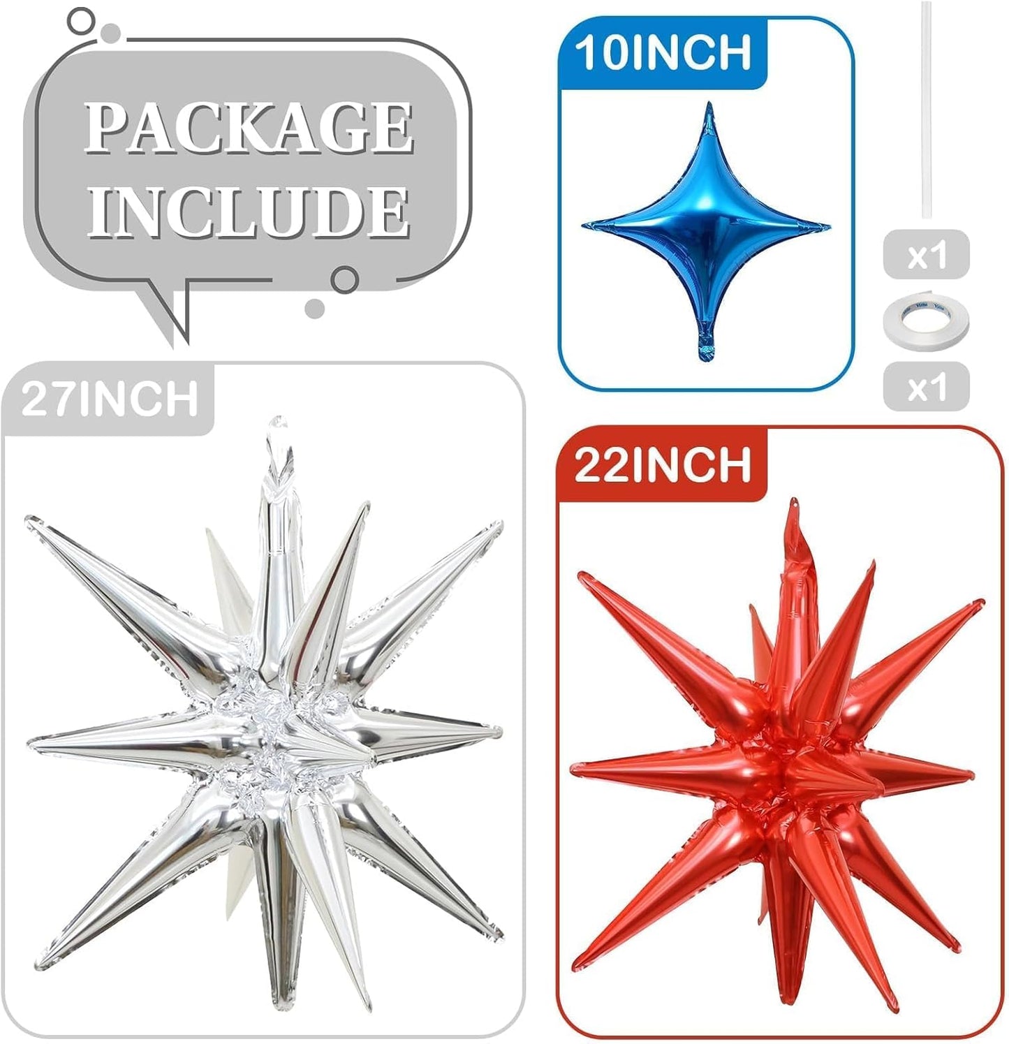 Red Blue Silver Star Balloons 12pcs, 27/22 Foil Inch Star Explosion Balloons, Large Spike Mylar Cone Balloon, Fireworks Shape Balloon Decor for 4th of July Nautical Birthday Patriotic