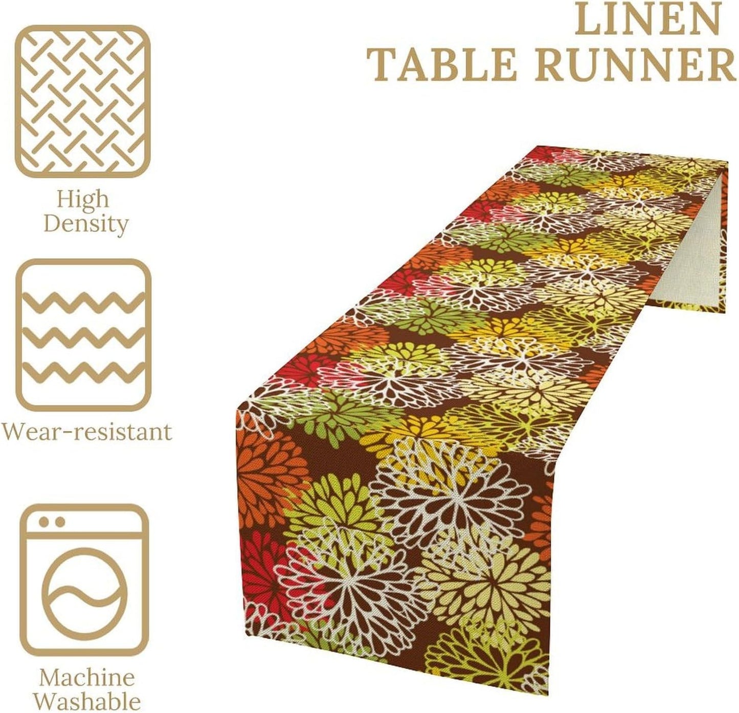 Brown Dahlia Floral Table Runner, Seasonal Autumn Thanksgiving Pattern Print for Home Kitchen Table Decor Dining Coffee Room Party Decor 13x120 Inch