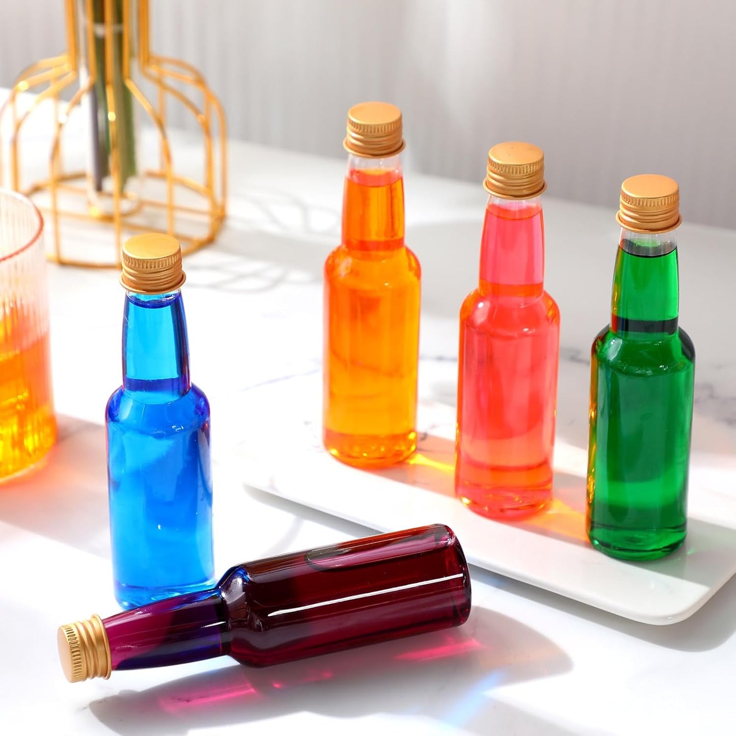 120 Pcs Mini Liquor Bottles Airtight Shot Miniature Empty Plastic Alcohol Spirit Shot Bottles with Funnels for Party Favors, Weddings(3.3 oz,Gold)