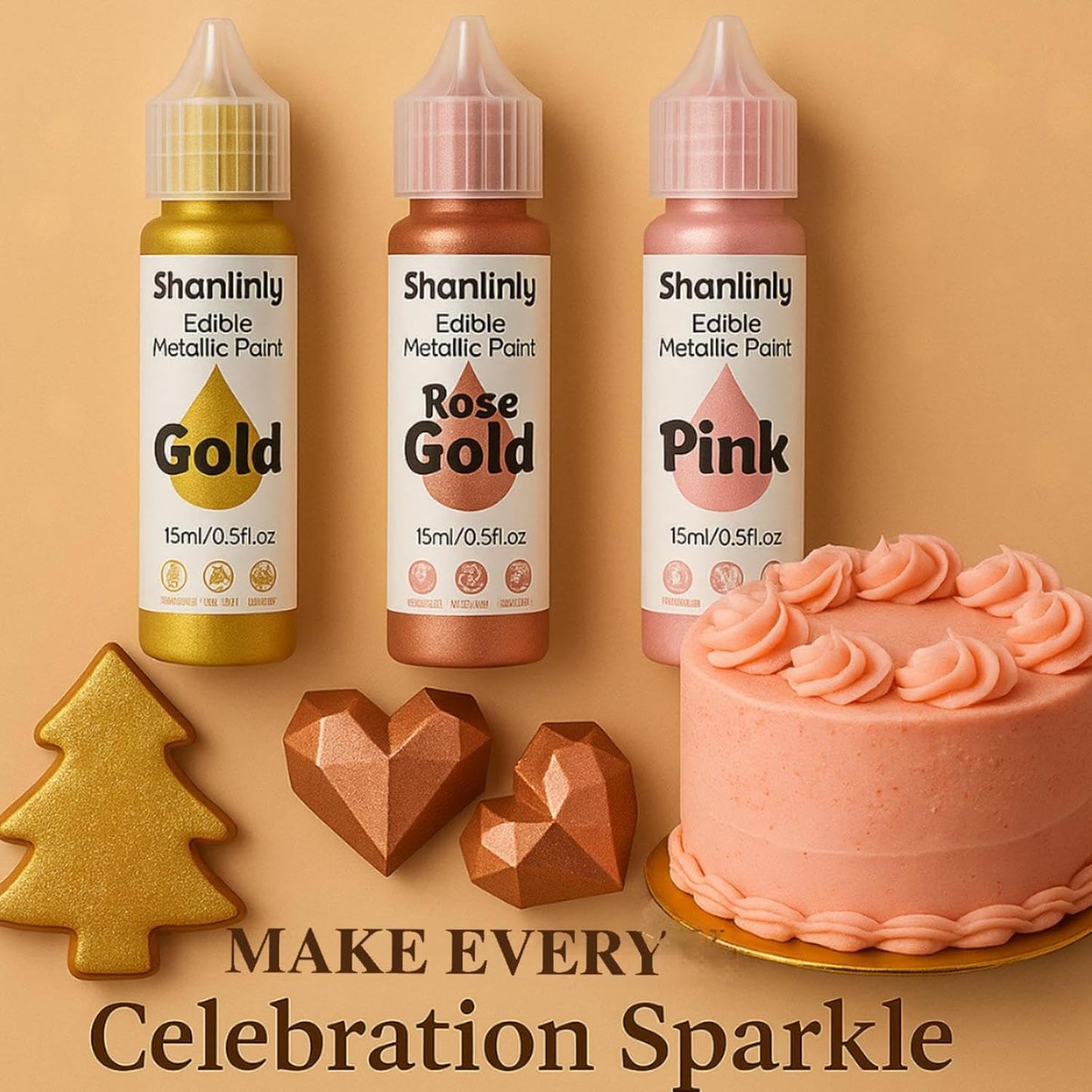 Edible Gold Metallic Paint for Baking – Food Grade Edible Gold Dust Drink Glitter for Shimmer Cake Decorating, Cookies, Cupcakes, Cocktails – 15ml Perfect for Holidays, Wedding, Birthday Decorating