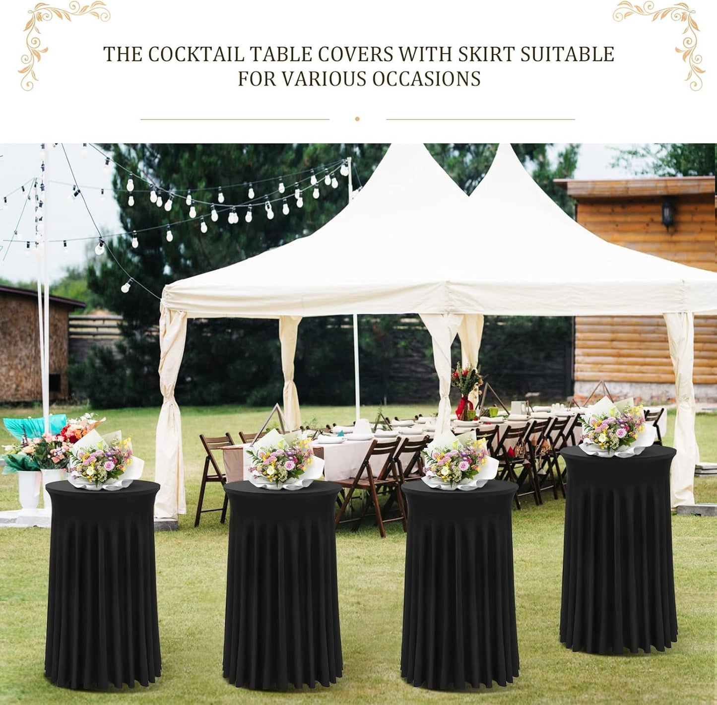 Cocktail Table Covers - 3 Pack 32"x 43" Black Cocktail Table Tablecloth with Natural Wavy Round Skirt for Bar Wedding Party Banquet