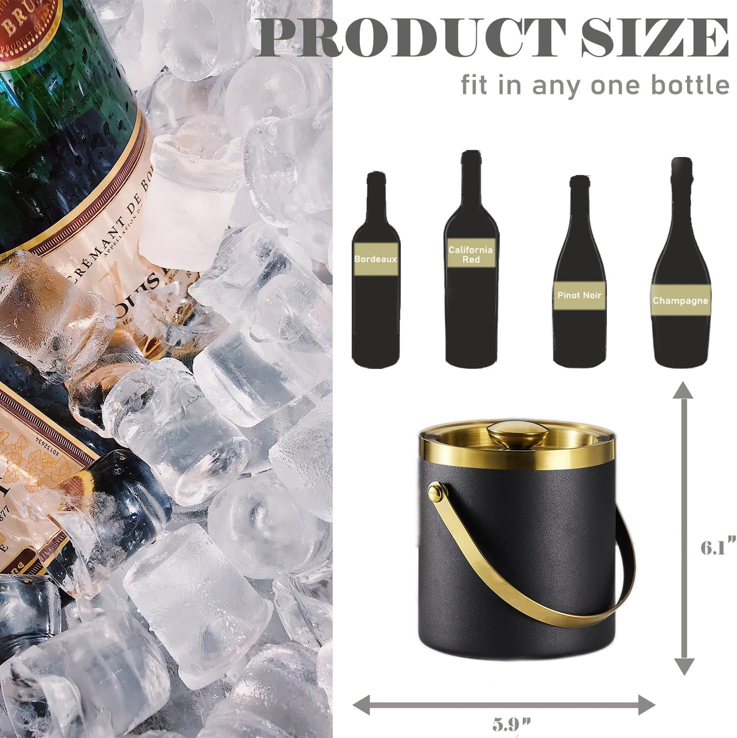 Ice Bucket with Lid, Handle and Tong Black Gold Insulated Stainless Steel Champagne Bucket 2L Wine Bucket for Party Bar Cart Accessories Large Double Wall Bucket Keep Frozen