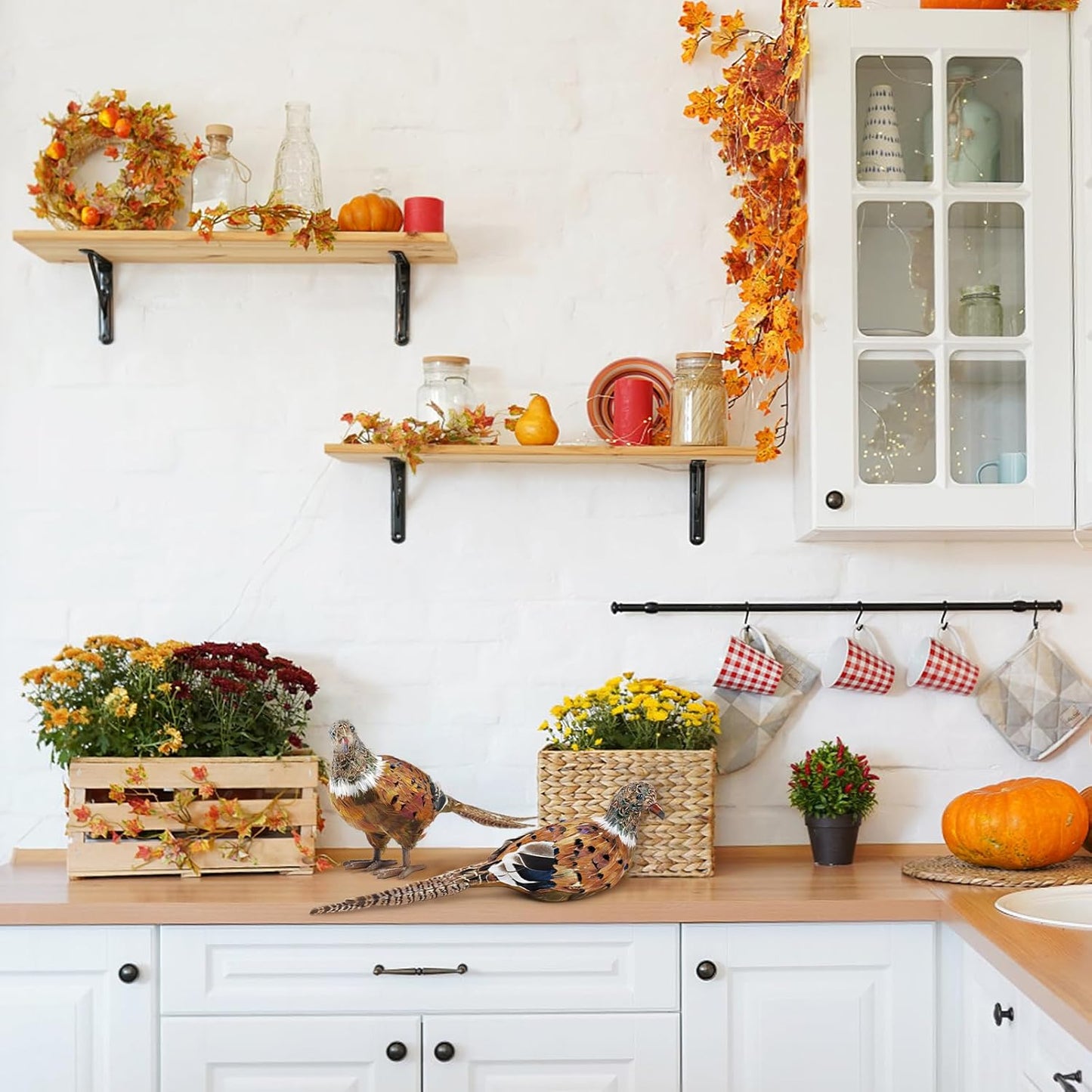 naturevibe Feathered Pheasant Decor Set of 2,Simulation Woodland Animals Figurines with Natural Pheasant Feathers as Fall Home Decor or Gifts for Autumn Harvest Festival