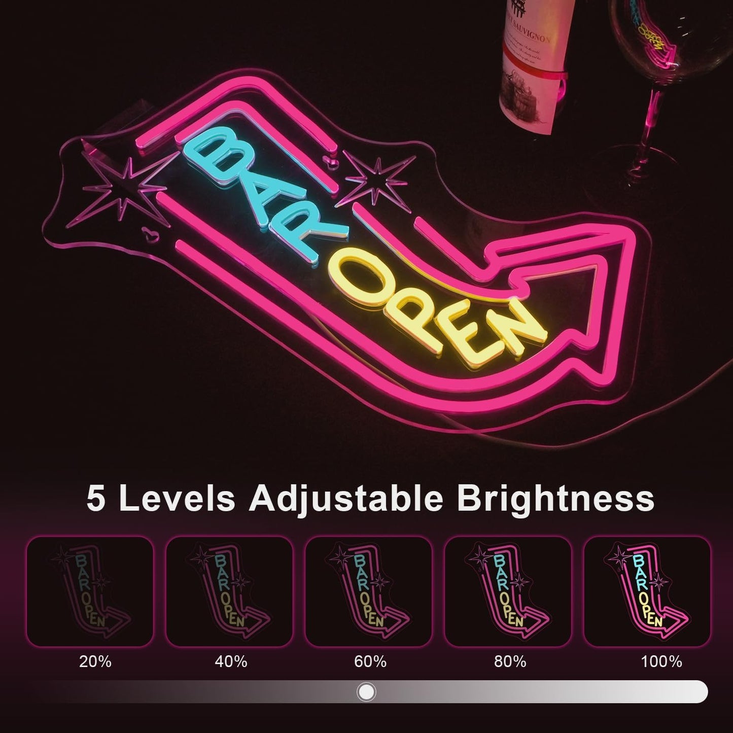 Lucunstar Bar Open Neon Sign,Colorful LED Bar for Wall Decor Dimmable USB Powered Neon Lights for LED for Bussness Man Cave Art Wall Decor