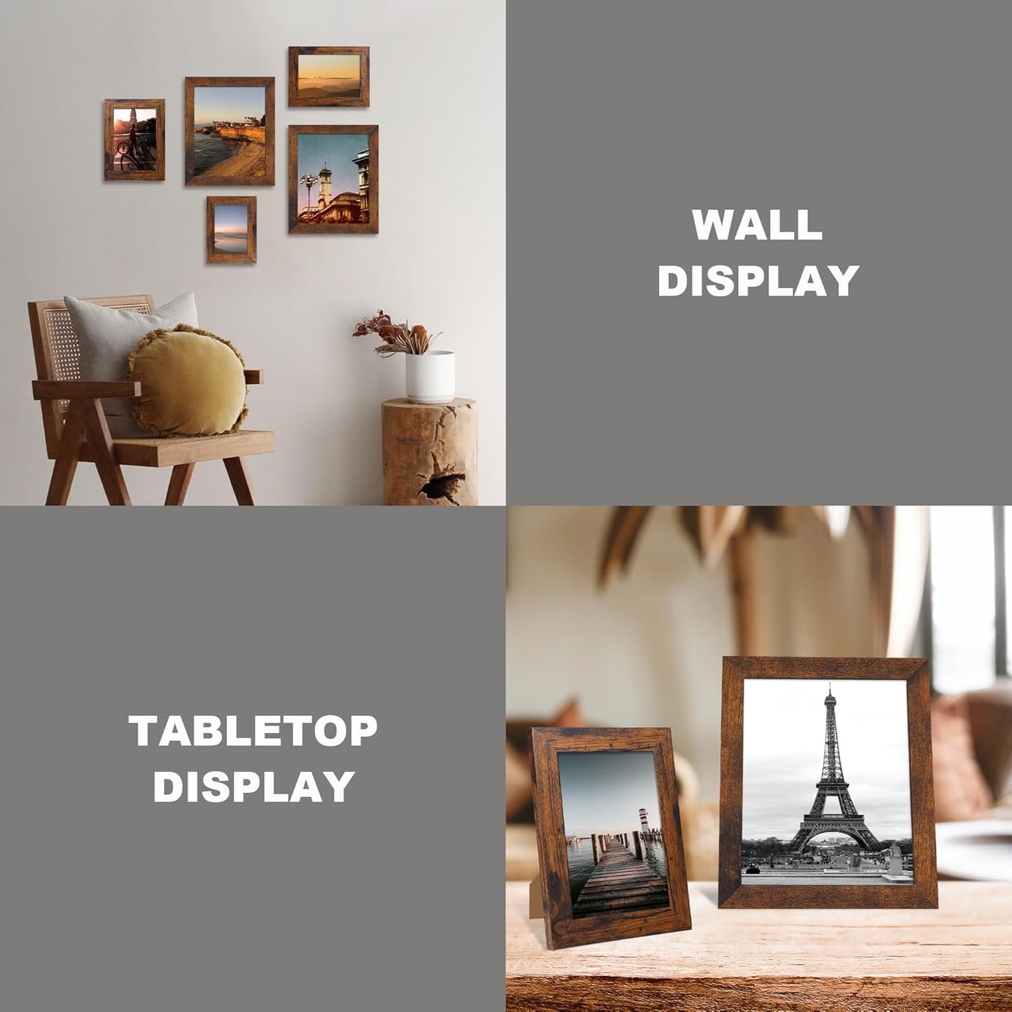 8x10 Picture Frame Set of 4, High Definition Glass 8 x 10 Frame, Wood Rustic Photo Frames for Horizontal or Vertical Display Tabletop and Wall Mounting