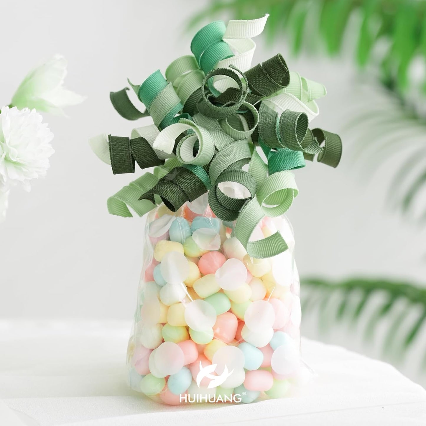 HUIHUANG Green Curly Gift Bows Self Adhesive Sage Green Burst Gift Bow for Gift Wrapping, Birthday, Wedding Baby Shower Party Favors, Wine Bottle, Treat Bags- 6 Counts