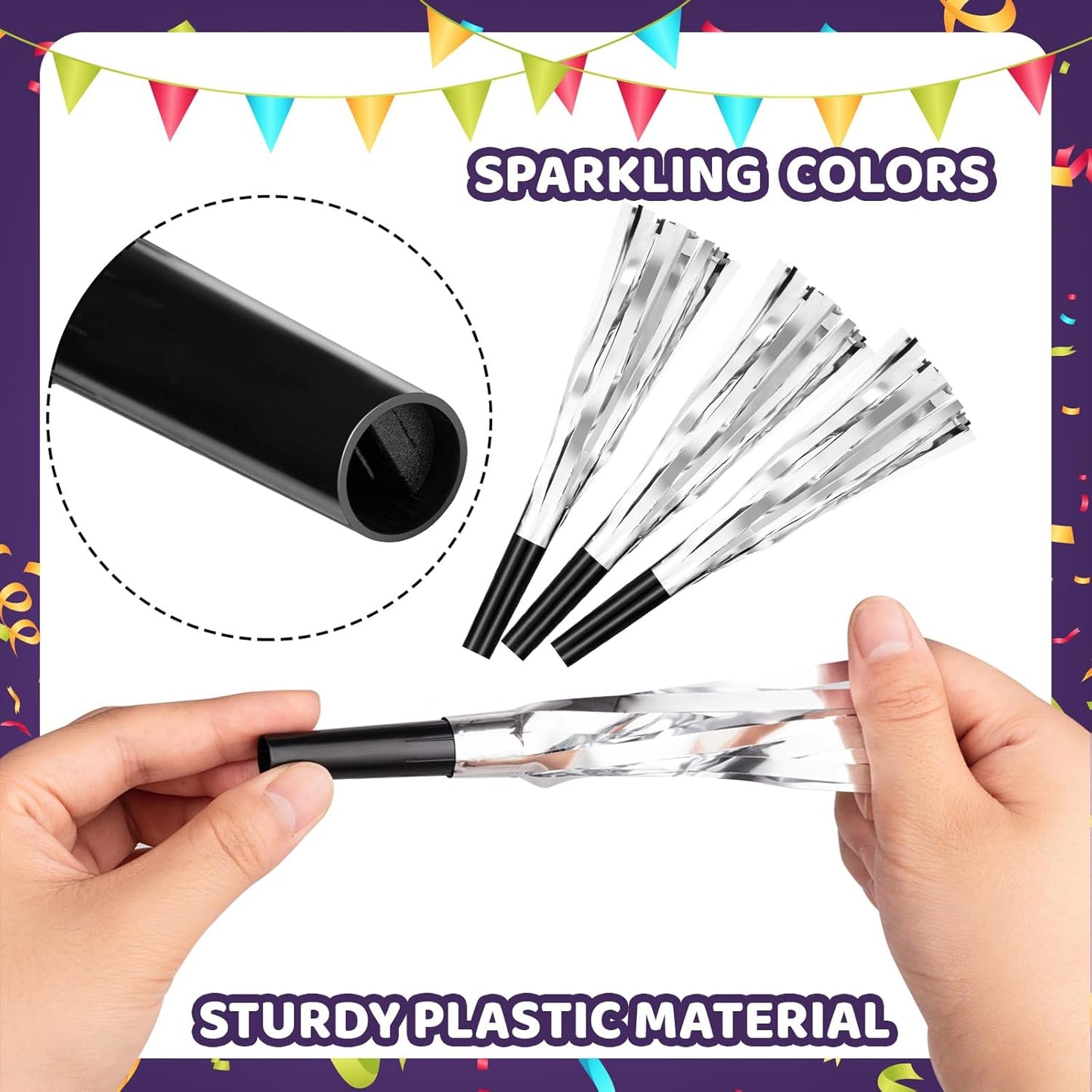 36 Pcs Noise Makers Birthday Blowers Glitter Metallic Fringed Party Blow Horns for Birthday Baby Shower Wedding Graduation Sporting New Year Party Favors Supplie(Silvery)