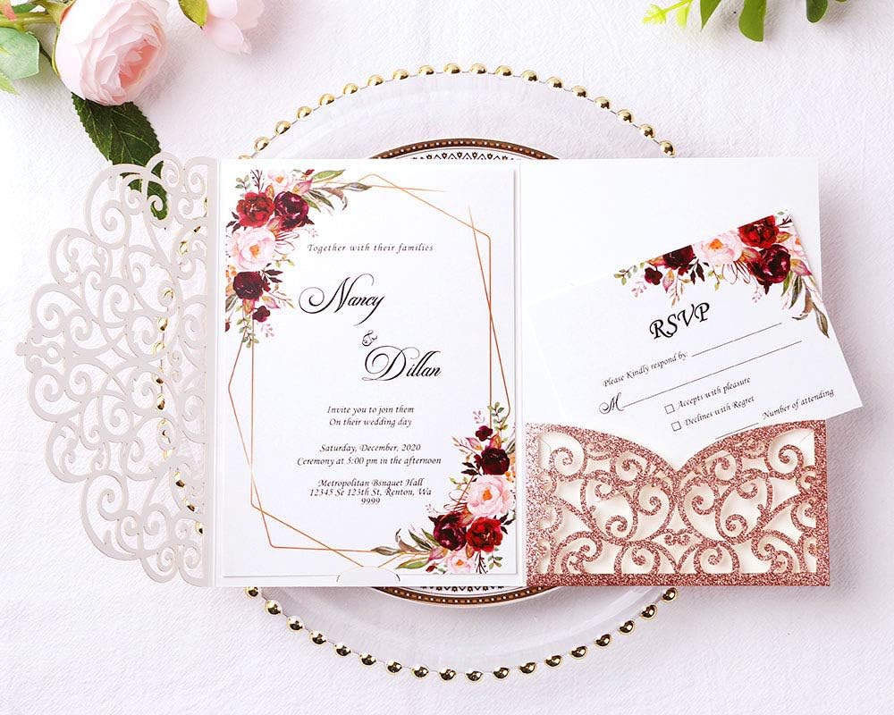PONATIA 5.12 X 7.2 Rose Gold Glitter Wedding Invitations, 20PCS Tri-Fold Laser Cut Invitations Pockets With Envelopes For Wedding Bridal Shower Engagement Quinceanera Invitations (No Inner Sheet)