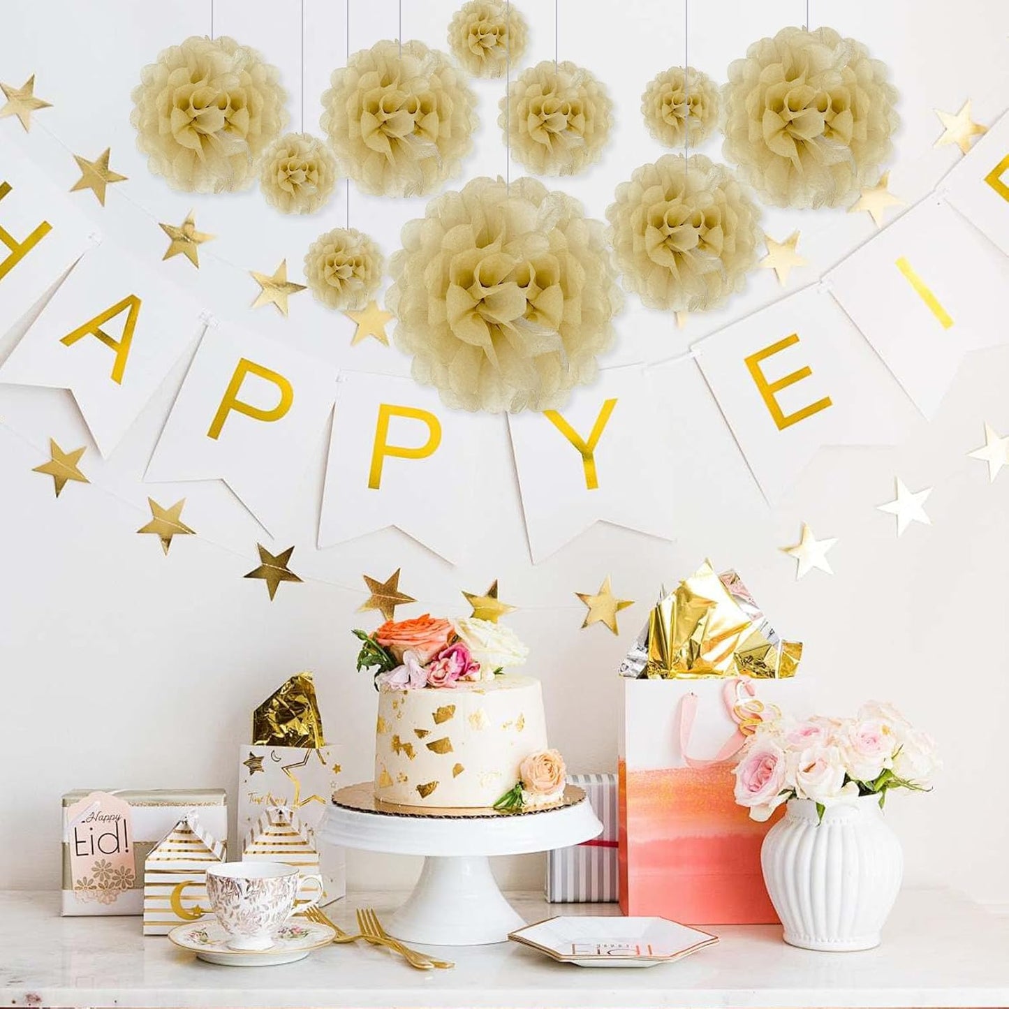 Tissue Paper Pom Poms, Light Khaki Tissue Paper Flowers, Hanging Flower Balls for Weddings Fiesta Parties Birthday Baby Showers Classroom Bridal Shower Decoration (20Piece Set-6/10/12/14Inch)