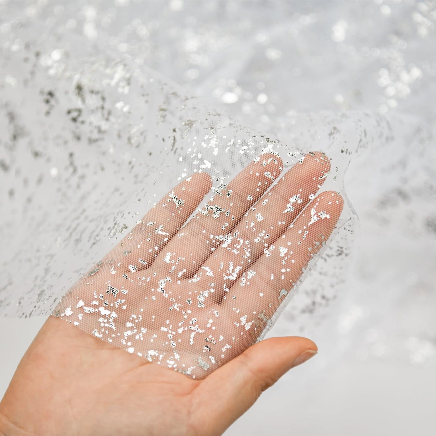 Artoid Mode 6Pcs White Silver Gauze Table Runner 120 Inch 10FT, Glitter Metallic Foil Sheer Dining Wedding Anniversary Holiday Birthday Table Decor for Home Party