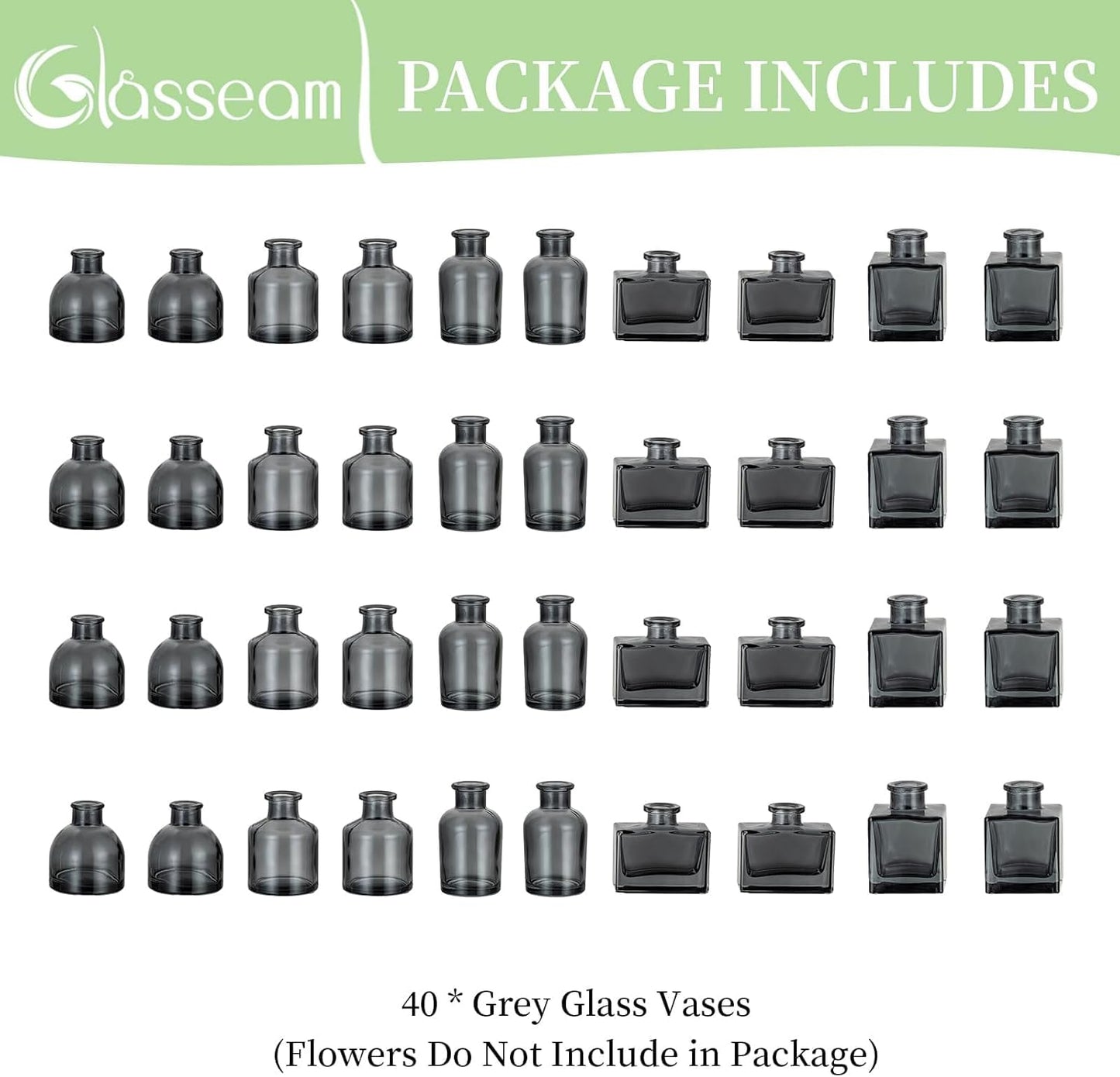 Glasseam Bud Flower Vases in Bulk: 40 Glass Cute Small Vases for Centerpieces Vintage Mini Wedding Birthday Party Table Centerpieces Tiny Baby Shower Dining Room Decoration Black Grey