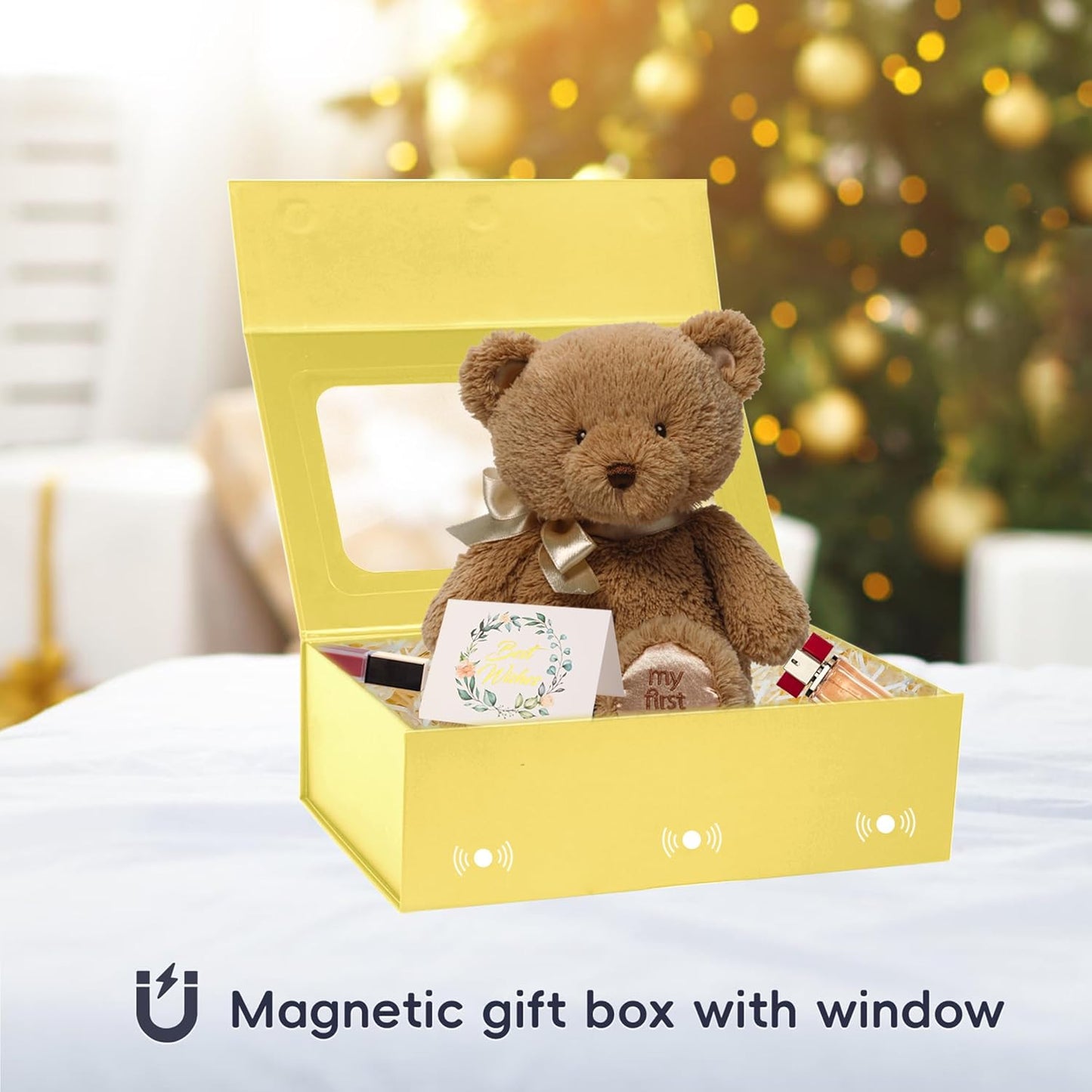 TIACABO Gold Large Gift Box with Window, 13.5"x9"x4.3" Bridesmaid Boxe for Gifts Giving,Birthday Gift Boxes with Magnetic,Closure Lid Gifts Box for Presents,Cute Boxe,Luxury for Gift Packaging