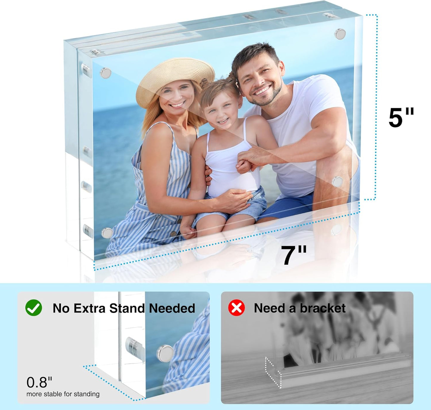 HOUSE DAY Acrylic Picture Frames 5x7, 1 Pack Magnetic 5x7 Picture Frame, Double Sided Clear 5 x 7 Photo Frame with Microfiber Cloth, Frameless FreeStanding 5x7 Frame Gift for Desktop Display
