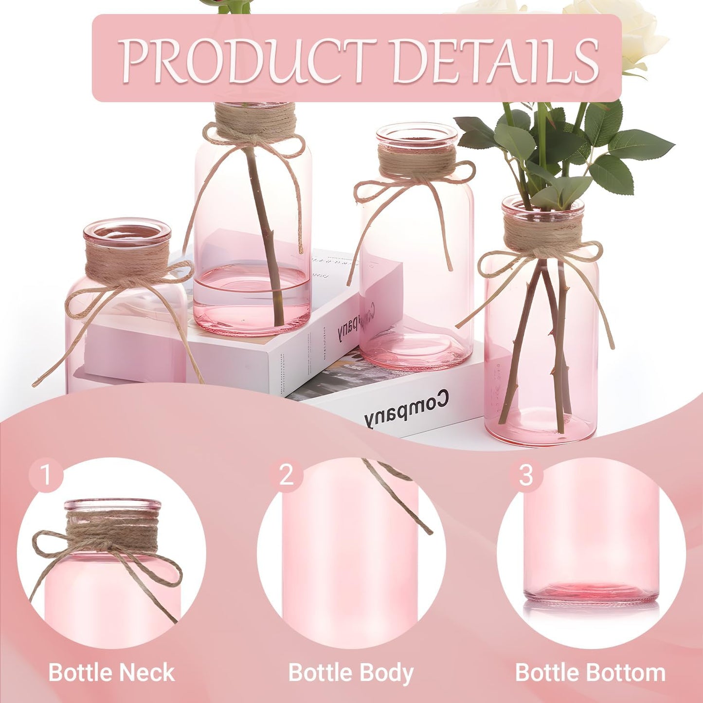 Pink Glass Flower Vases for Centerpieces Set of 6, Mason Jars Boho Cylinder Bud Vases in Bulk, for Weddings Parties Vintage Home Decor