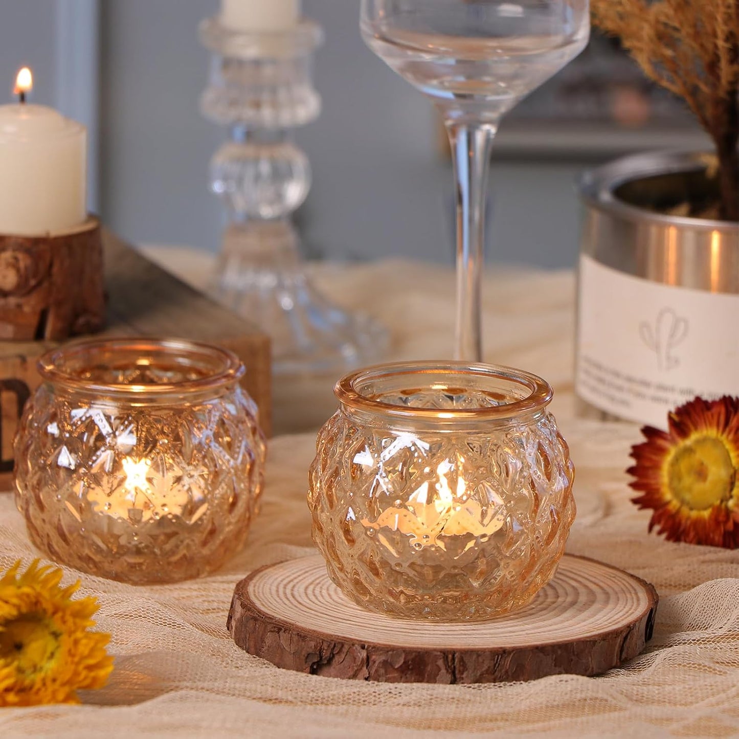 DARJEN 48Pcs Gold Votive Candle Holders - Round Glss Candle Holders Bulk for Table Centerpiece, Tea Lights for Wedding Shower, Party & Home