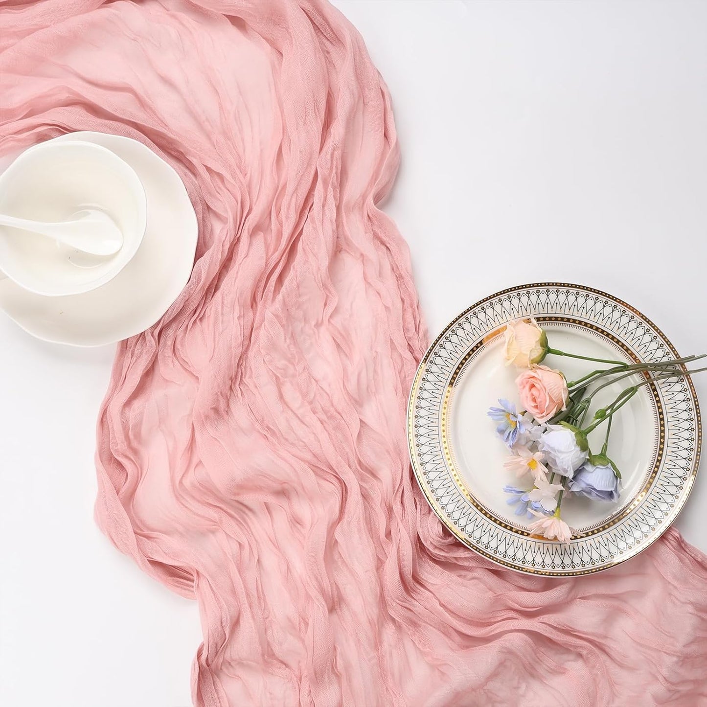 12 Pack Dusty Pink Cheesecloth Table Runner 10ft Boho Gauze Fabric Cheese Cloth Table Runner 35 x 120 Inch Rustic Sheer for Romantic Wedding Decor Baby Shower Party Table Centerpiece Decoration