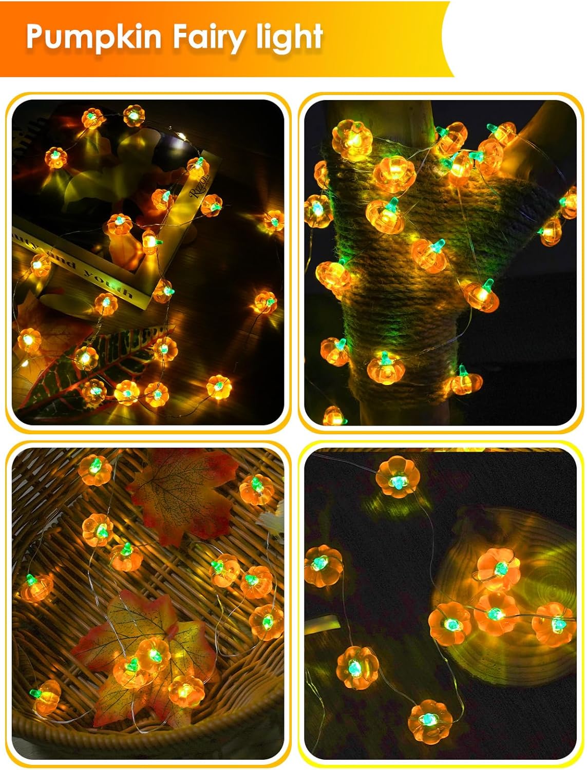 BOSSERN 2 Pack 60LED Thanksgiving Decoration 3D Pumpkin String Lights Battery Operated, 20FT Fall Lights with Remote, Waterproof 8 Modes Fairy Lights for Autumn Harvest Thanksgiving Halloween Decor