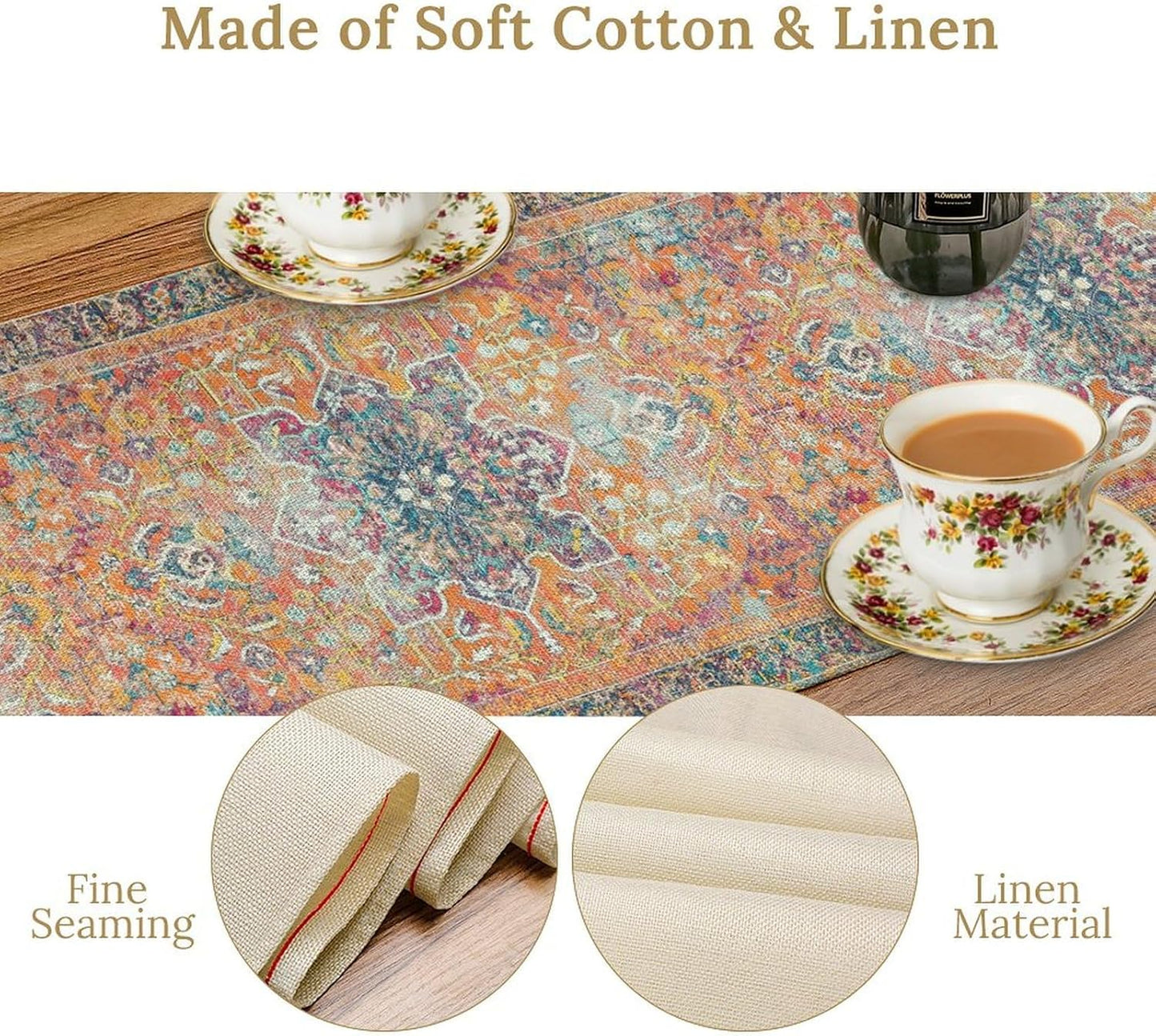 Boho Floral Vintage Table Runner, Orange Retro Flower Rustic Country Farmhouse Abstract Pattern for Home Kitchen Table Decor Dining Coffee Room Party Decor 13x120in