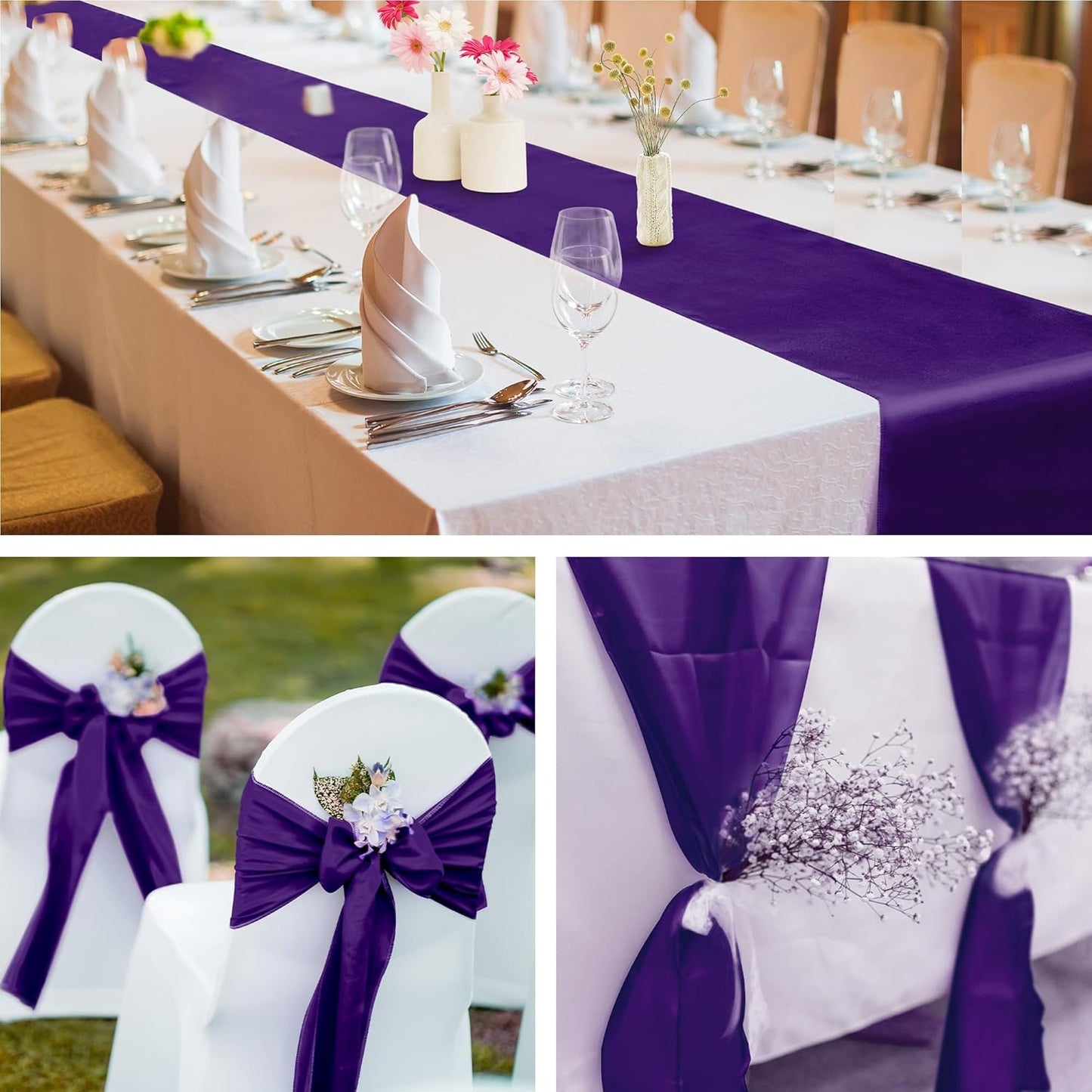 Aneco Satin 12 Pack Table Runner 12 x 108 Inch Dark Purple Long Wedding Satin Silk Table Runner for Wedding Banquet Graduations Birthday Party Decoration