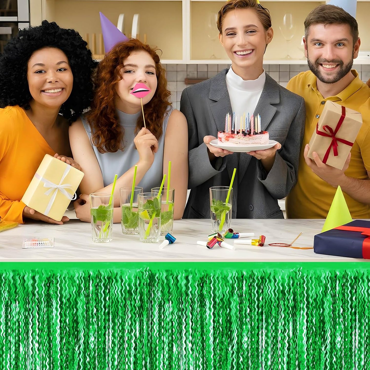 6 Pack 29x108 Inch Green Wave Foil Fringe Table Skirts Metallic Banner for Tinsel Streamer Garland Backdrop for Parade Floats Wedding, Mother's Day, Birthday Mardi Gras Party Decorations